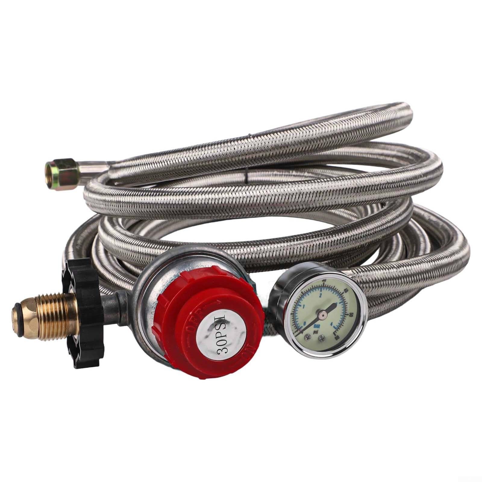 Regulador de propano de alta presión, con calibre 0-30 PSI, para, para tanque QCC1, manguera de acero inoxidable, para cocinar al aire libre, horno freidora de pavo, 5 pies (12 pies)