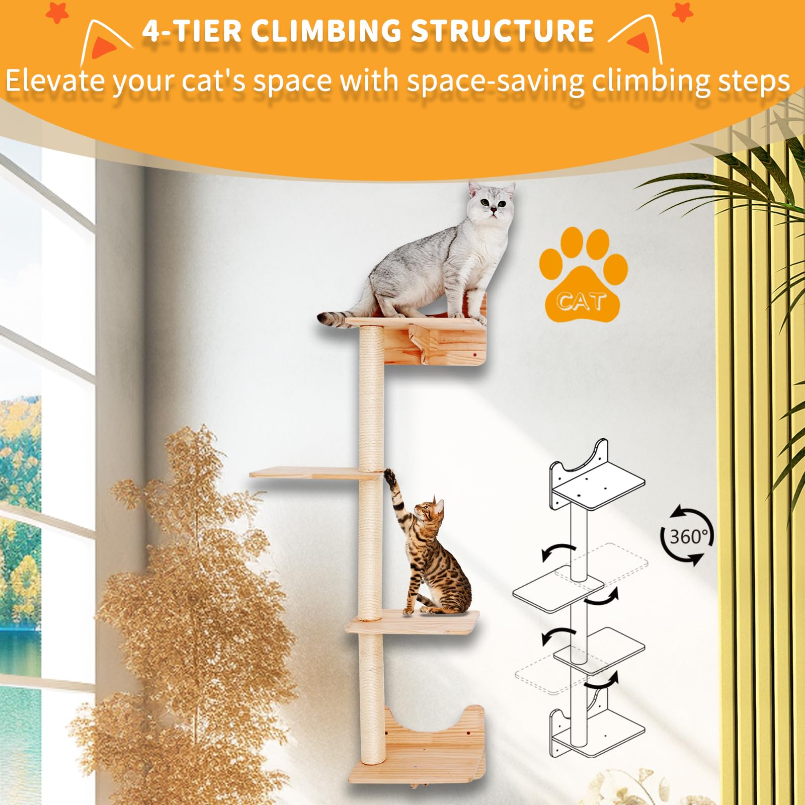 Prateleiras Parede Para Gatos - Escalada, Arranhar E Descanso - Conjunto Com Casa, Ponte E Postes