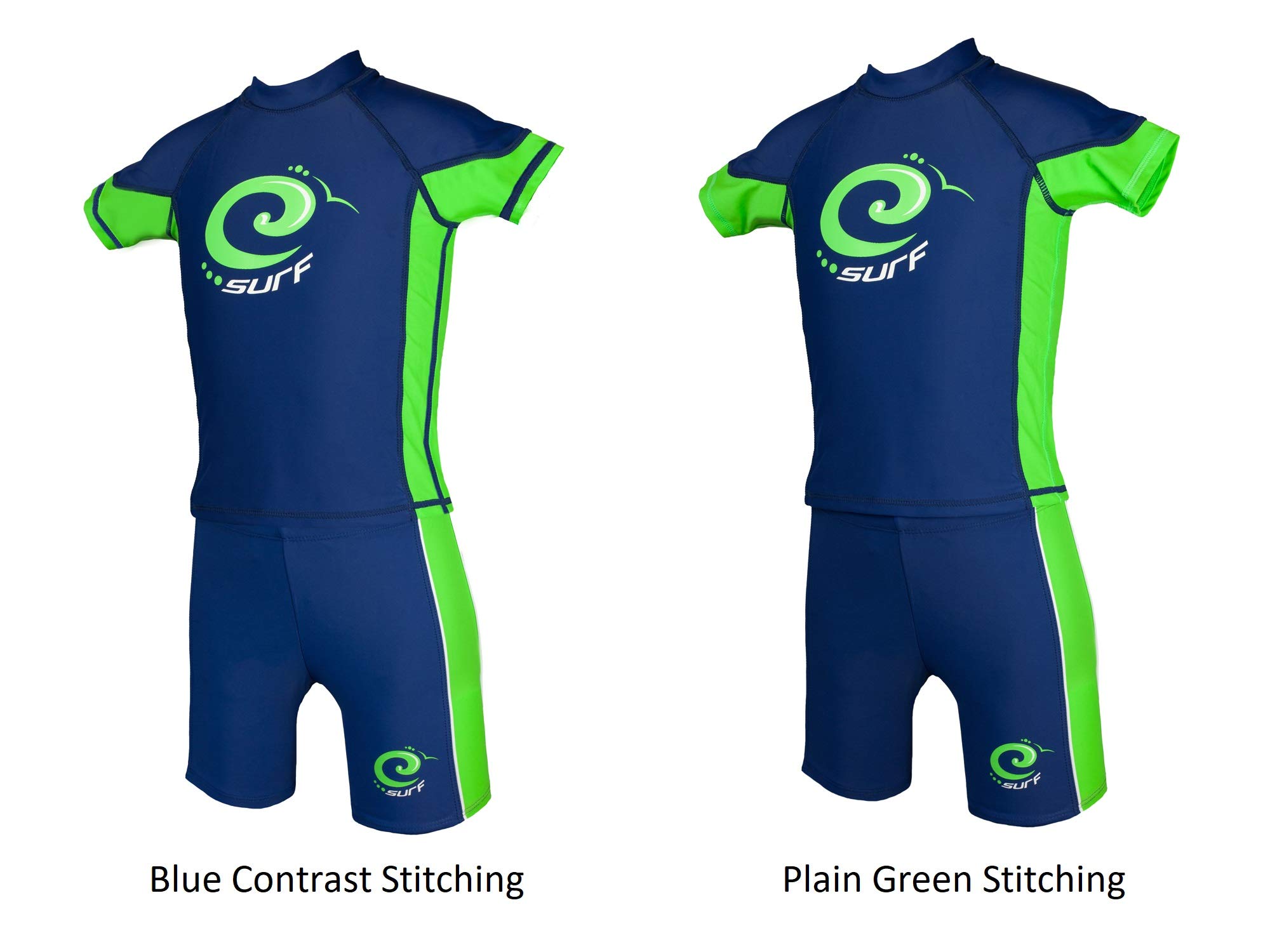 Camiseta de protección solar para niños con protección UV y bañador UPF 50+ azul y verde.