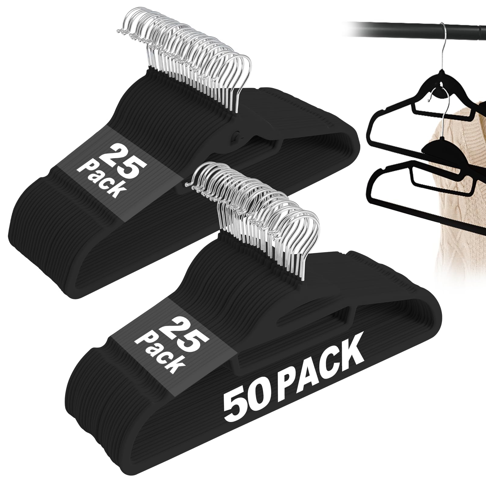 Paquete de 50 Perchas de Terciopelo Negro, en Forma de S y apilables, con Gancho Giratorio de 360°, Ultra Delgadas y ahorran Espacio, para Trajes, Camisas, Abrigos, Capacidad de 15 Libras,