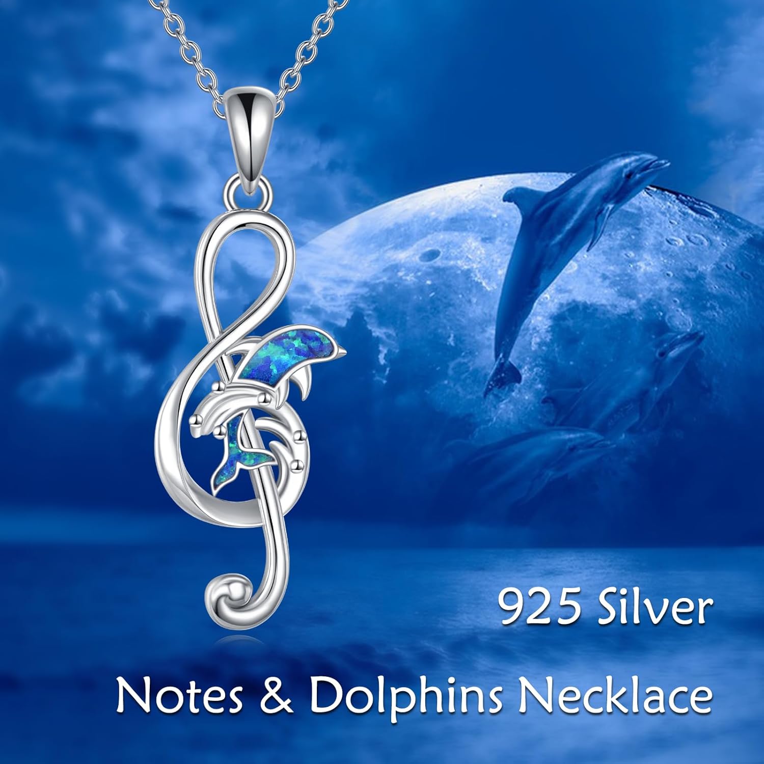 YFN Music Note Dolphin Pendant Necklace S925 Sterling Silver with Blue Opal Inlay - Image 4