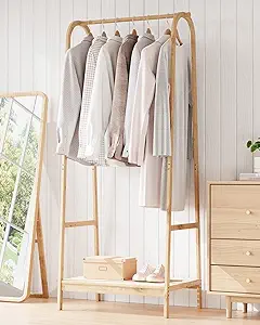 Clothing Rack with Storage Shelf, Bamboo Freestanding Garment Rack for Bedroom, Balcony, Clothes Store, Clothing Storage Organizer, Heavy Duty Clothes Rack for Hanging Clothes, Coats, Skirts, Shoes