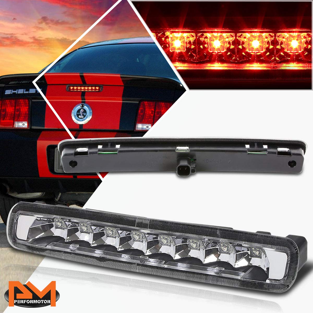 Full LED 3rd Third Brake Light High Mount Stop Light Compatible with Ford Mustang 05-09,Chrome Housing/Clear Lens