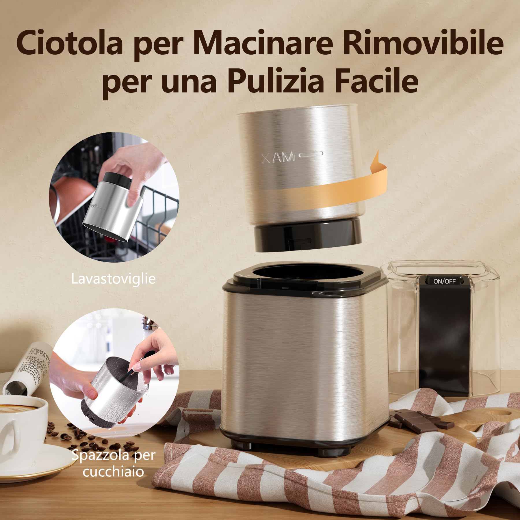 QEXREED Macina Caffe' Elettrico 150W, Macinacaffè Elettrico con Contenitori Rimovibili in acciaio inossidabile, 60g Capacità, per Chicchi di Caffè, Spezie, Cereali, Pepe, Noci