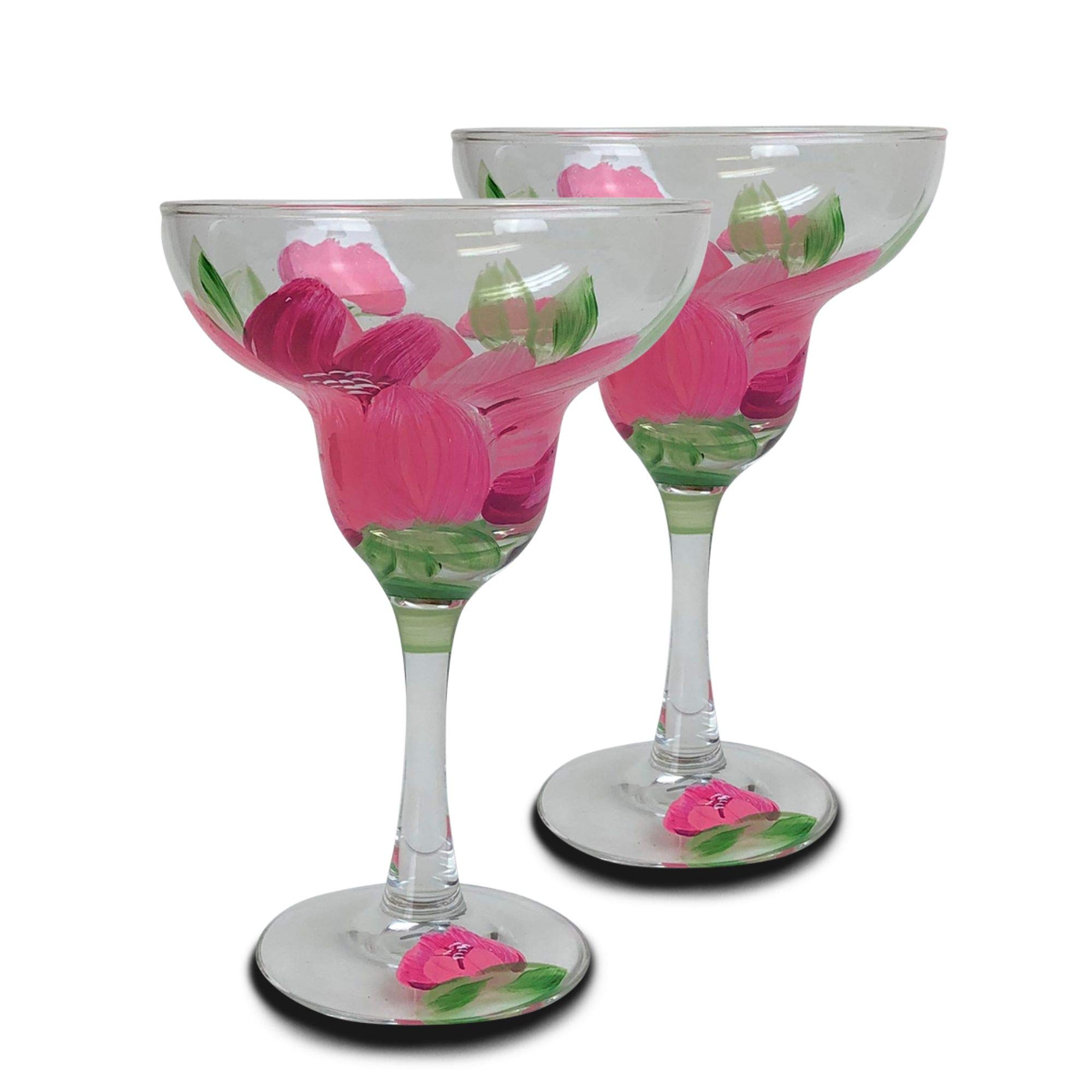 Set of 2 Pink Peony Floral Hand Painted Margarita Stemware Glasses - 12 Ounces