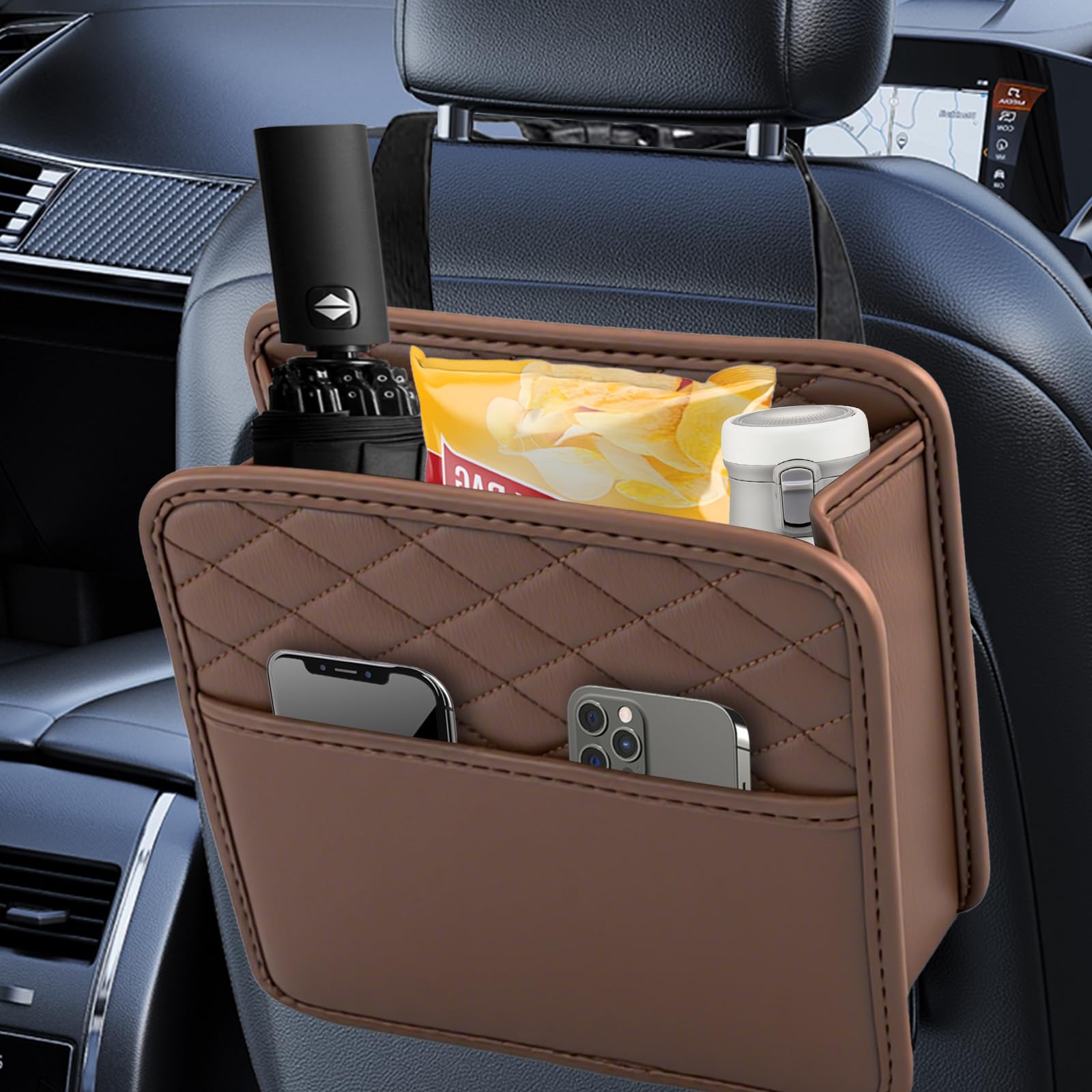 EZVEZS Autositz Organizer,Leder Auto Aufbewahrungstasche,Rückenlehnenschutz Auto Kinder,Wasserdicht Rücksitz Organizer,Hängende Autoorganizer mit Längenverstellbaren Schultergurten für Autos (Braun)