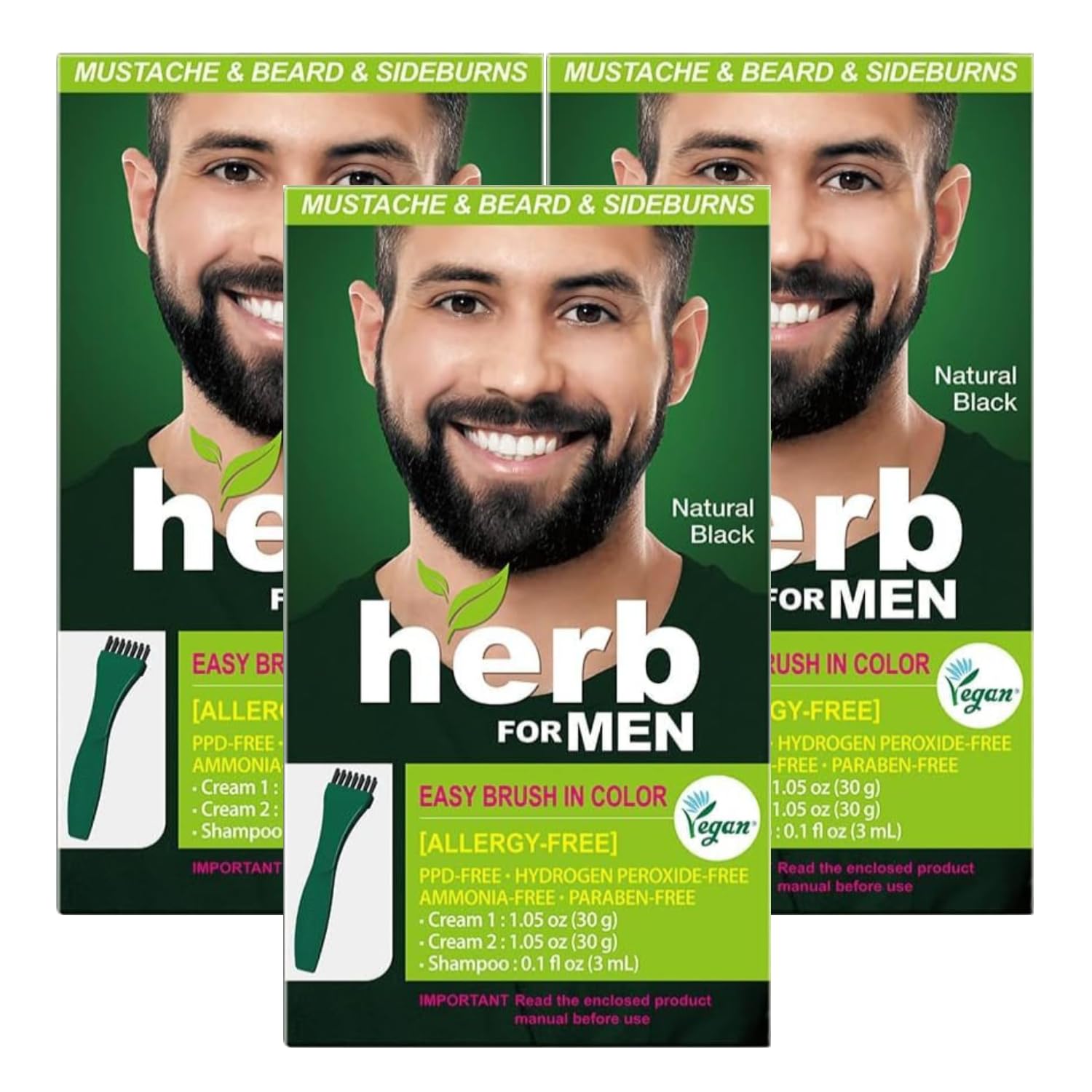 Herb For Men Mustache & Beard Dye (Nature Black, 3 Pack), PPD-Free Ammonia-Free, Vegan with Natural Ingredients, Odorless, Gentle for Sensitive Skin, No Skin Irritation