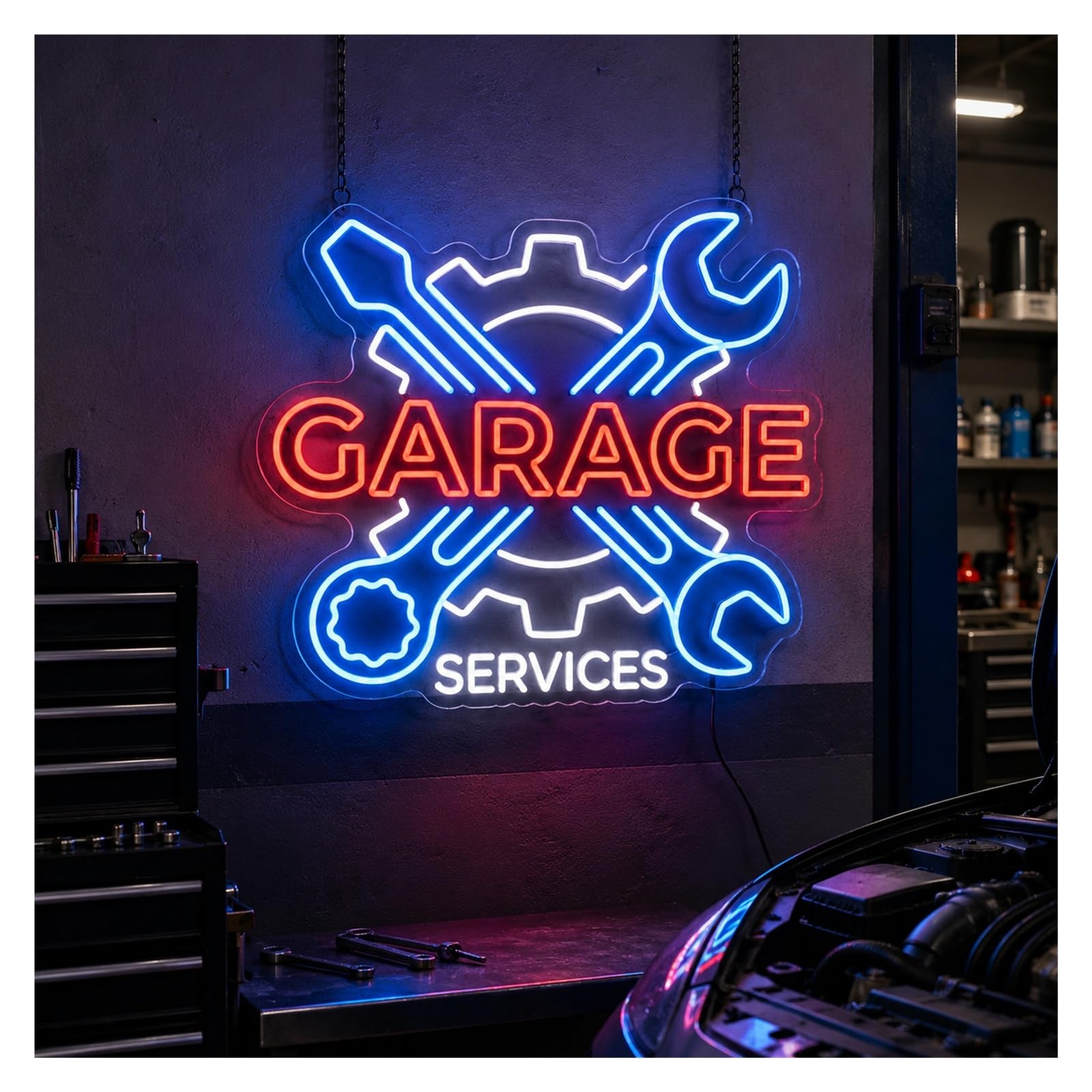 Insegna al Neon Insegna Al Neon LED Garage | Servizi Attrezzi Attrezzi Riparazione Auto Meccanico Negozio Decor 53cm/20.87in