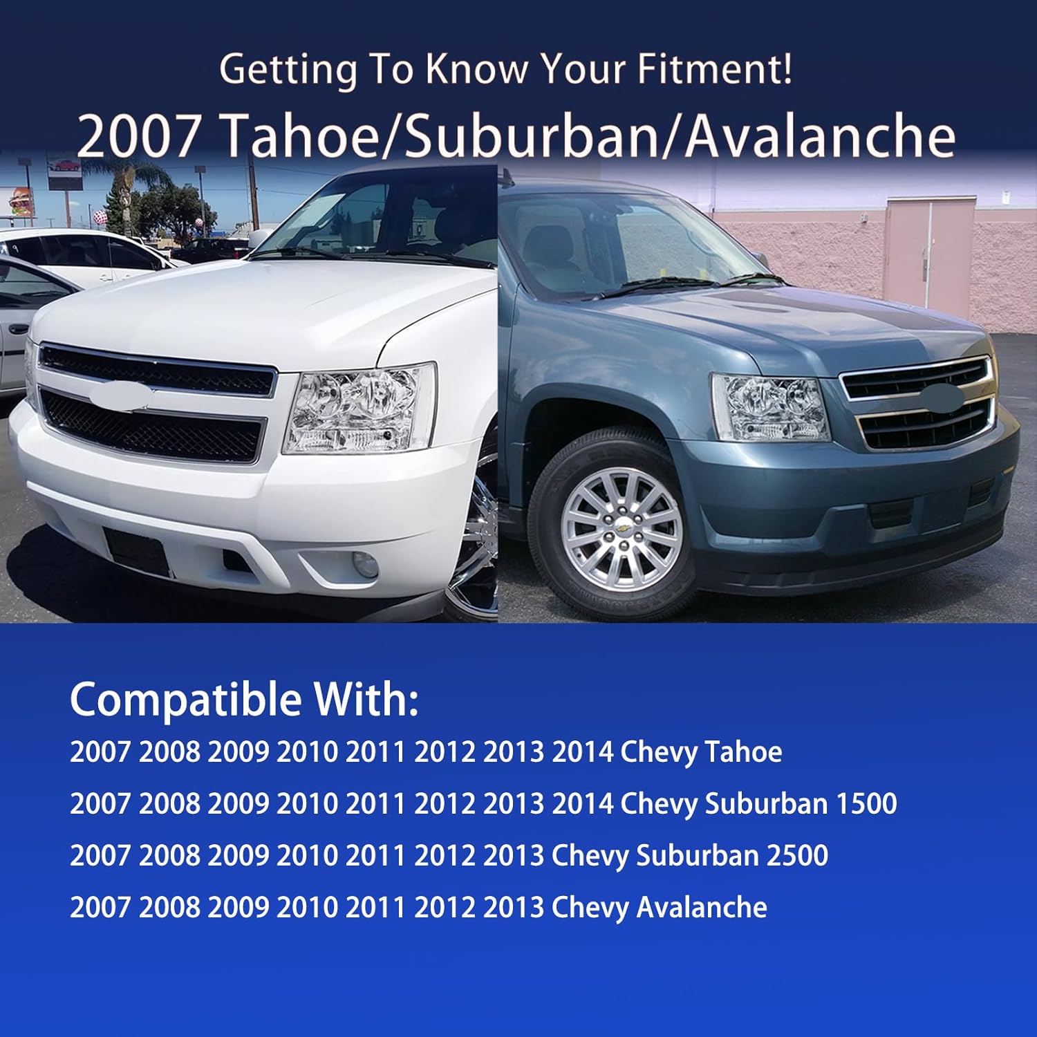 Headlights Assembly Set With Bulbs and Harness For 2007 2008-2014 Chevy Tahoe Suburban 1500 2500/2007-2013 Chevy Avalanche 1500 LT LS LTZ Replacement Headlamps Chrome Housing Clear Reflector(LH&RH)