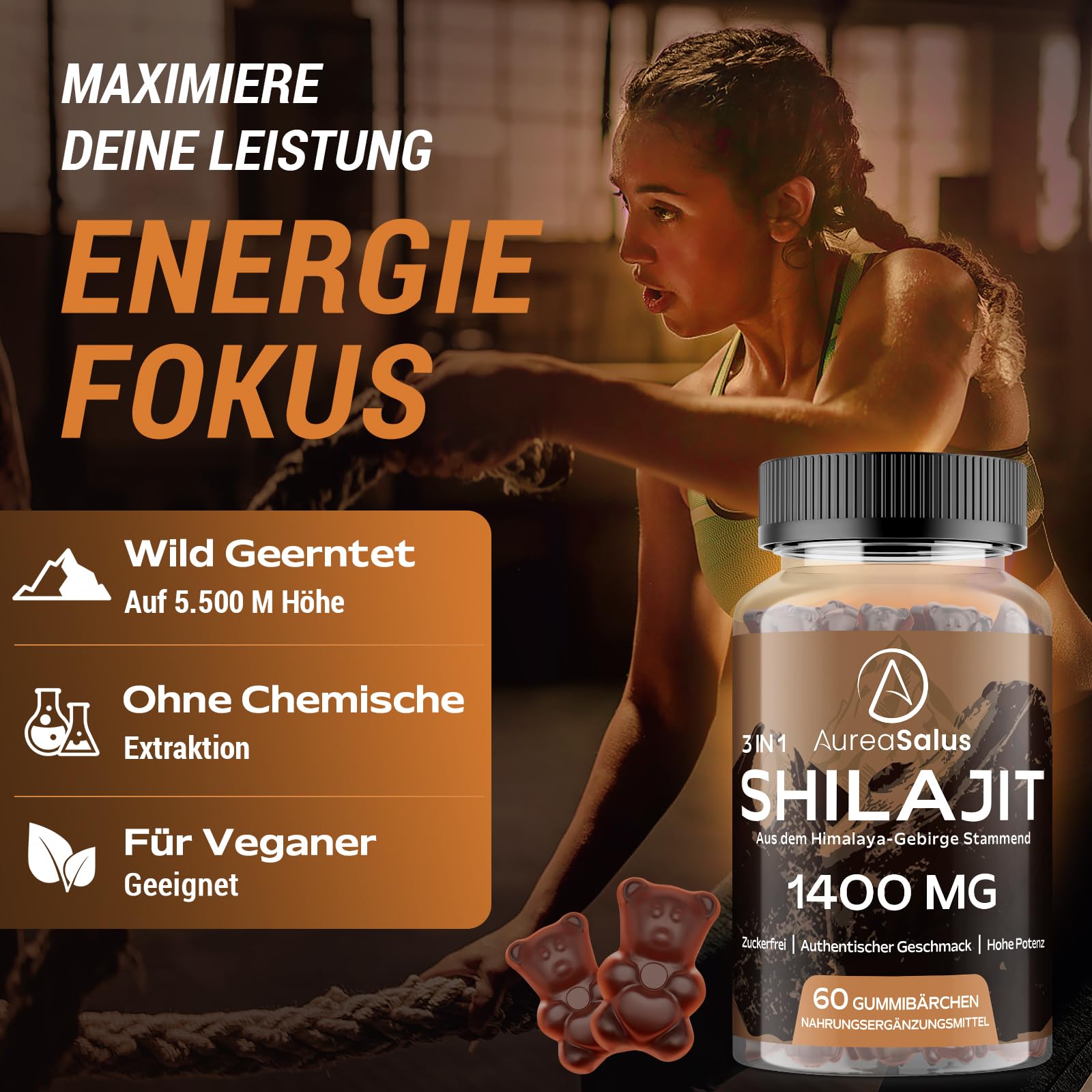 Gominolas de Shilajit 1.400 mg/día (extracto 20:1), con Ashwagandha y Chaga, 5% ácido fúlvico, veganas, sin azúcar ni aditivos, 60 unidades aptas para hombres y mujeres