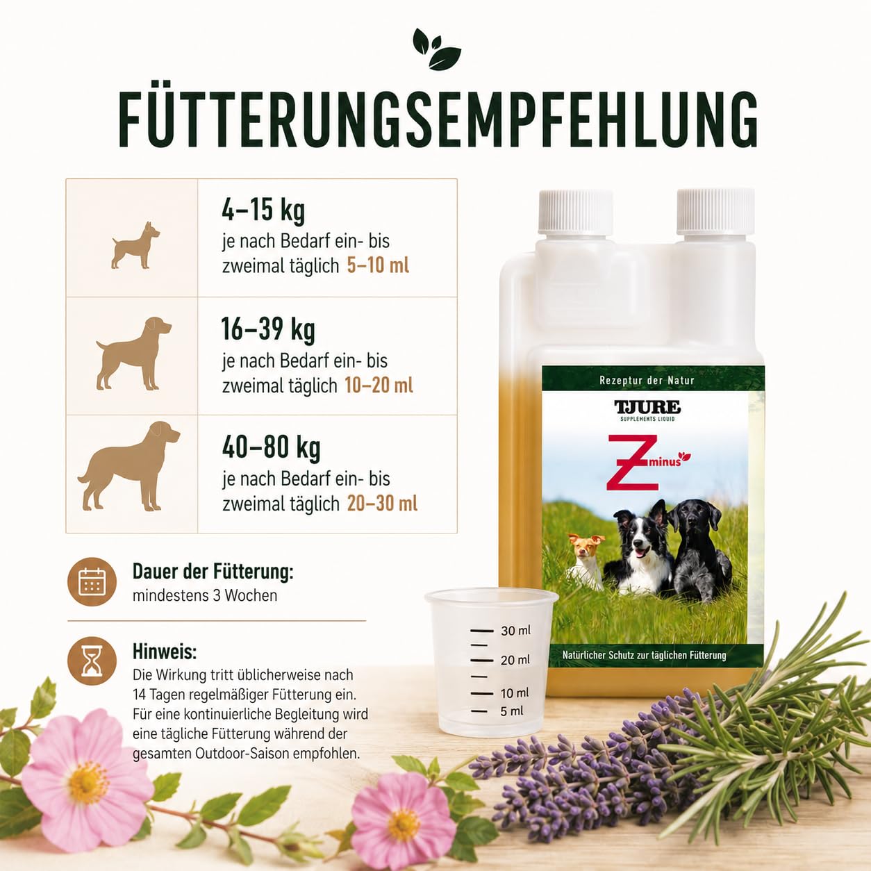 TJURE Z – 500 ml Liquid für Hunde | 100% Pflanzliche Rezeptur für aktive Hunde | Naturkraft gegen ungebetene Gäste | Mit Schwarzkümmel, Cistrose & Lavendel | Made in Germany
