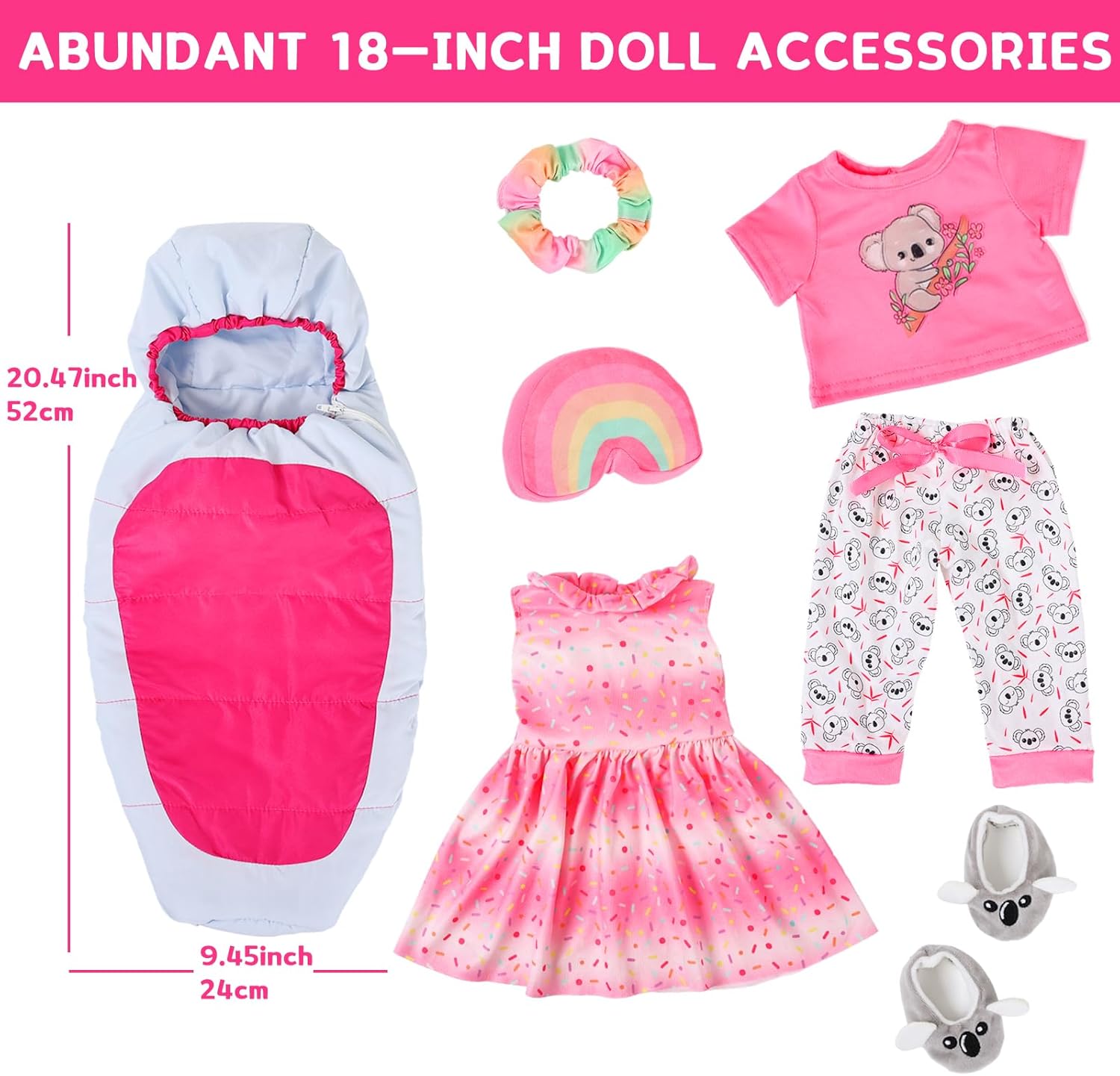 K.T. Fancy American Girl Doll Clothes for 18 Inch Dolls Accessories - Pink Outdoor Dress, Top, Pants, Shoes, Hairband, Rainbow Pillow, Outdoor Space Sleeping Bag (No Doll)