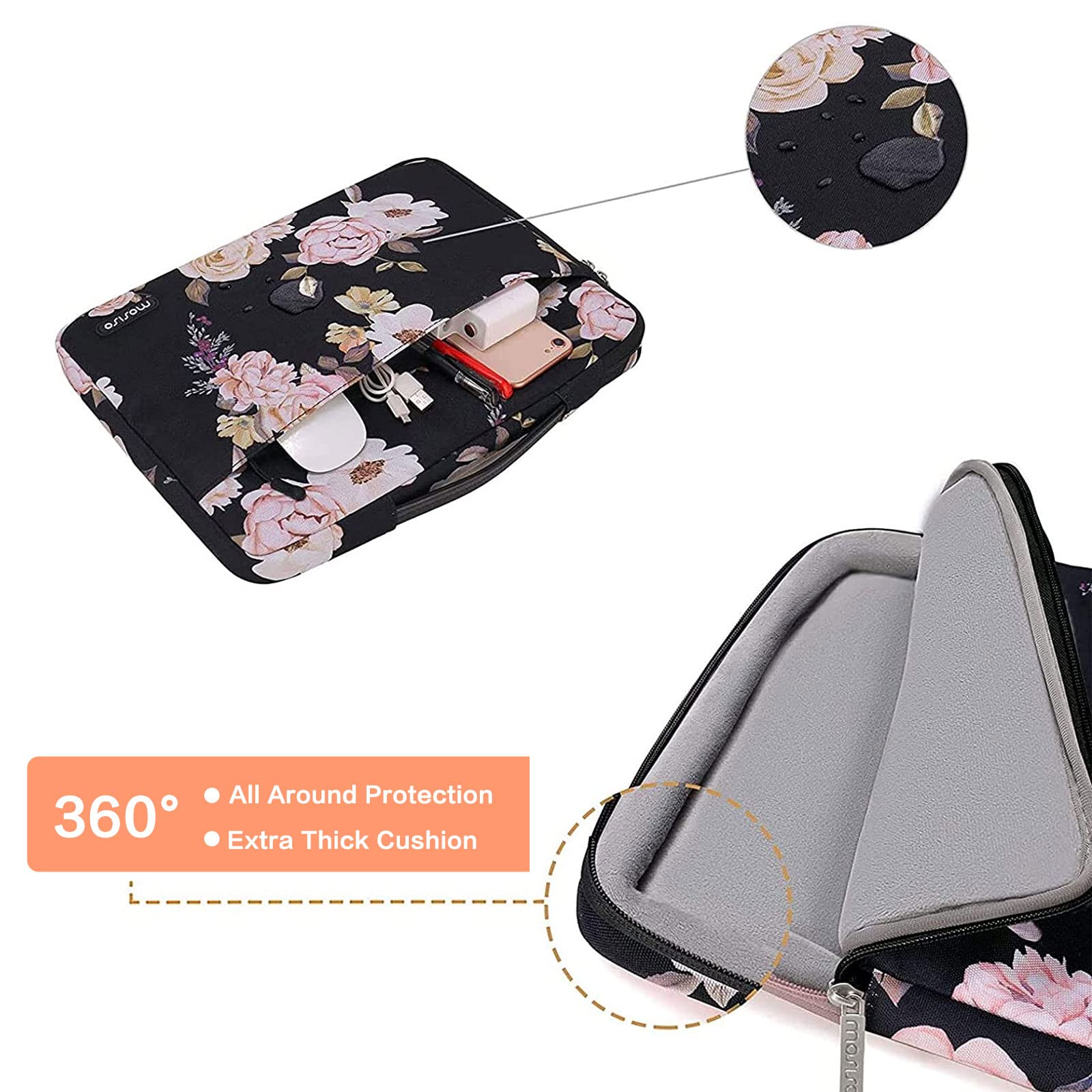 MOSISO 360 Protective Laptop Sleeve Compatible with MacBook Air 15 inch M2 A2941 2023/Pro 16 2023-2019 M2 A2780 M1 A2485 A2141/Pro Retina 15 A1398, 15-15.6 inch Notebook, Peony Bag with Belt, Black