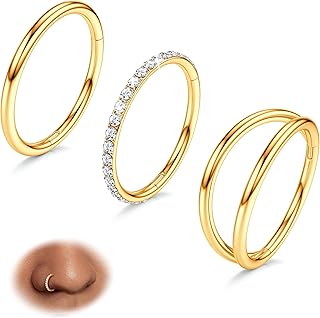 3pcs Gold Plated Nose Rings Hoops - Surgical Steel Double Hoop Nose Rings 16G/18G/20G Hinged CZ Conch Piercing Jewelry Septum Clicker Lip Rings Cartilage Earring Helix Rook Tragus Daith 7mm/8mm/9mm/10mm