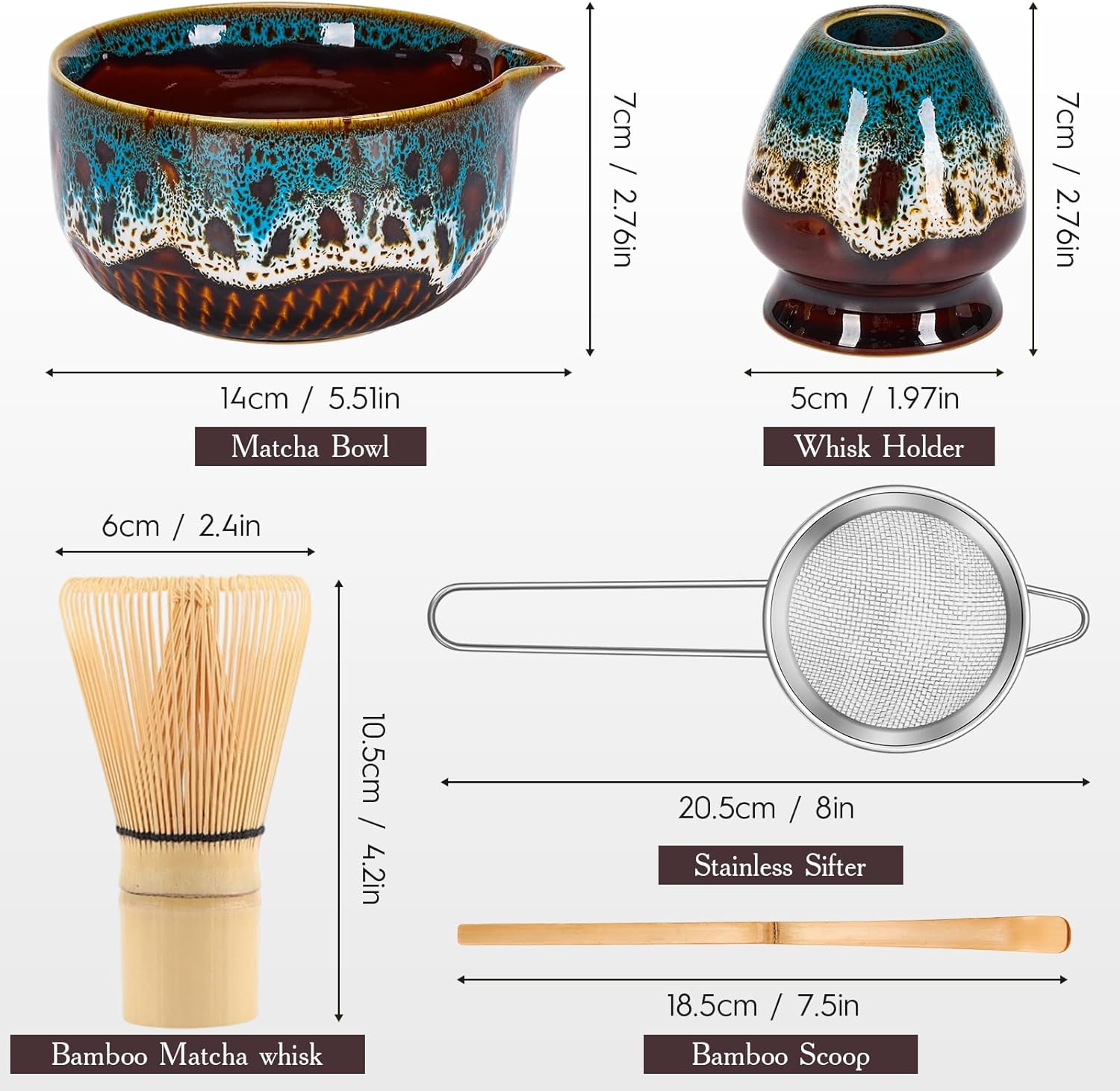 Lapzuli 5-Piece Japanese Matcha Preparation Set includes handcrafted ceramic matcha bowl (Kiln Change Glaze), bamboo whisk, grinder stand, spoon, and sifter.