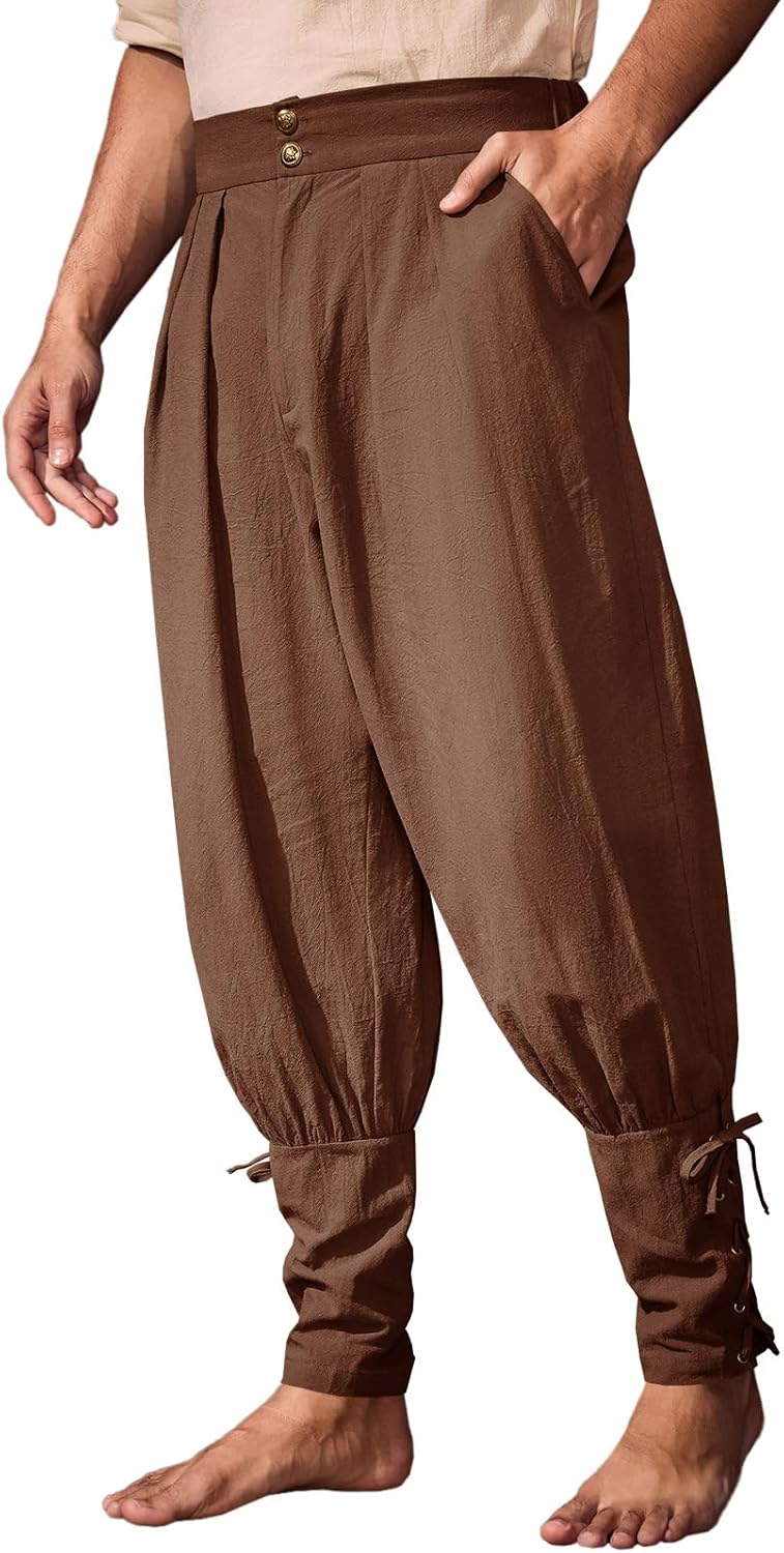 Runcati Mens Medieval Ankle Pants Renaissance Viking Pirate Pants Lace Up Cotton Tapered Halloween Costume Trousers