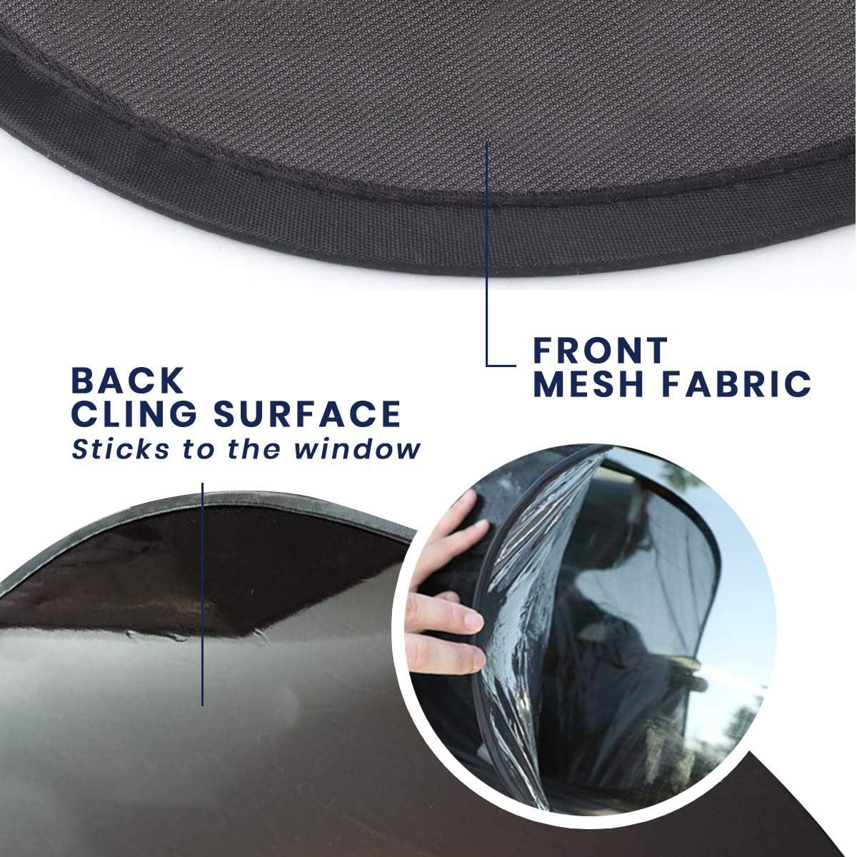 Car Window Sun Shade Screen - Pack of 2 Premium Quality Pop Up Mesh Vehicle Sun Shade Automotive Sun Protector, Blocks UV, Cling Back Surface, No Suction Cups Needed, for Baby, Pets and Kids