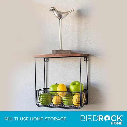Miniatura 5 de BIRDROCK HOME 2 estantes flotantes con cesta, estante de almacenamiento de pared de metal de madera, cestas colgantes decorativas para baño,