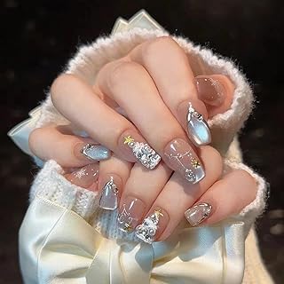 Valentine's Cat Eye Press on Nails Handmade Short Square - Snowflake & Luxe Tree Light Design with 3D Pearl Gold Star, Winter False Nails for New Year (Holiday Cateye,M)
