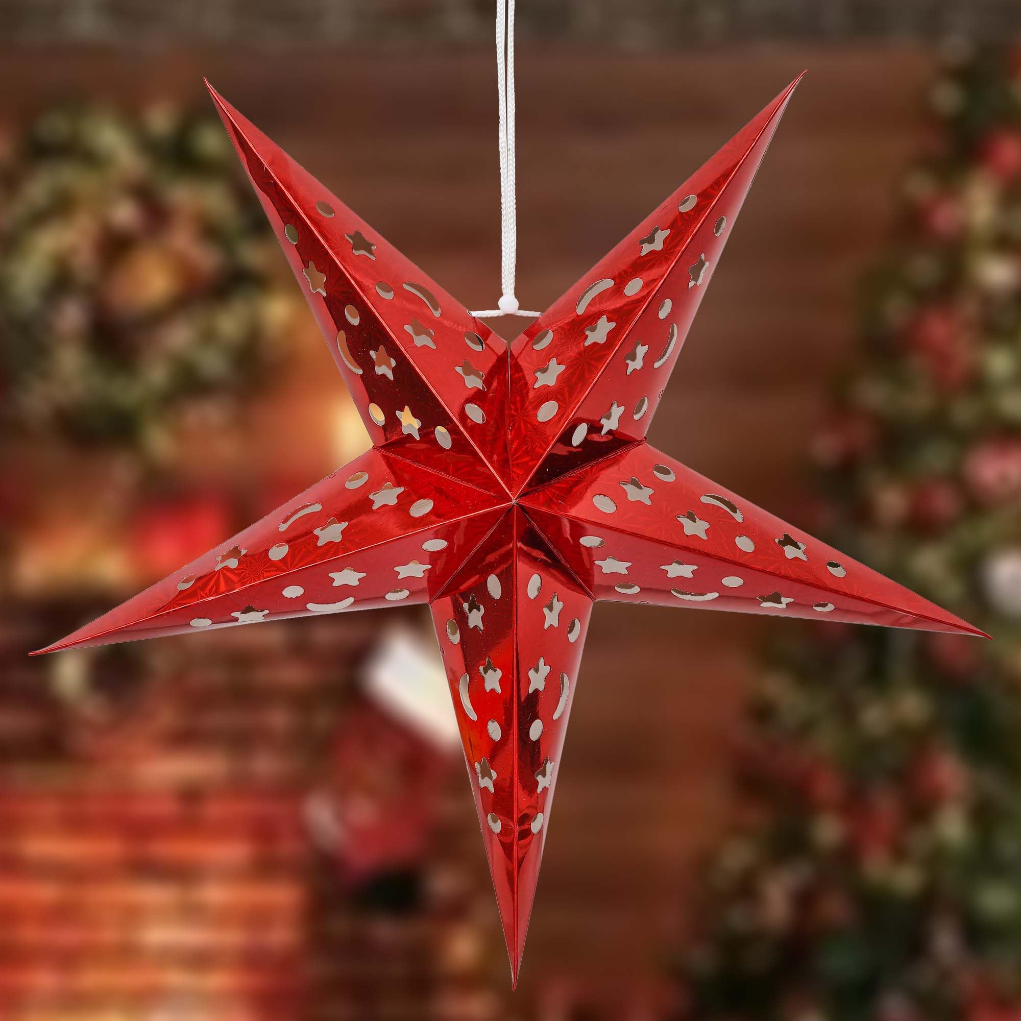 6-Pack 24-Inch Paper Star Lanterns – 3D Pentagram Hanging Decorations, Hollow-Out Moon & Star Design, Red, Gold, Silver, Blue (Lights Not Included)