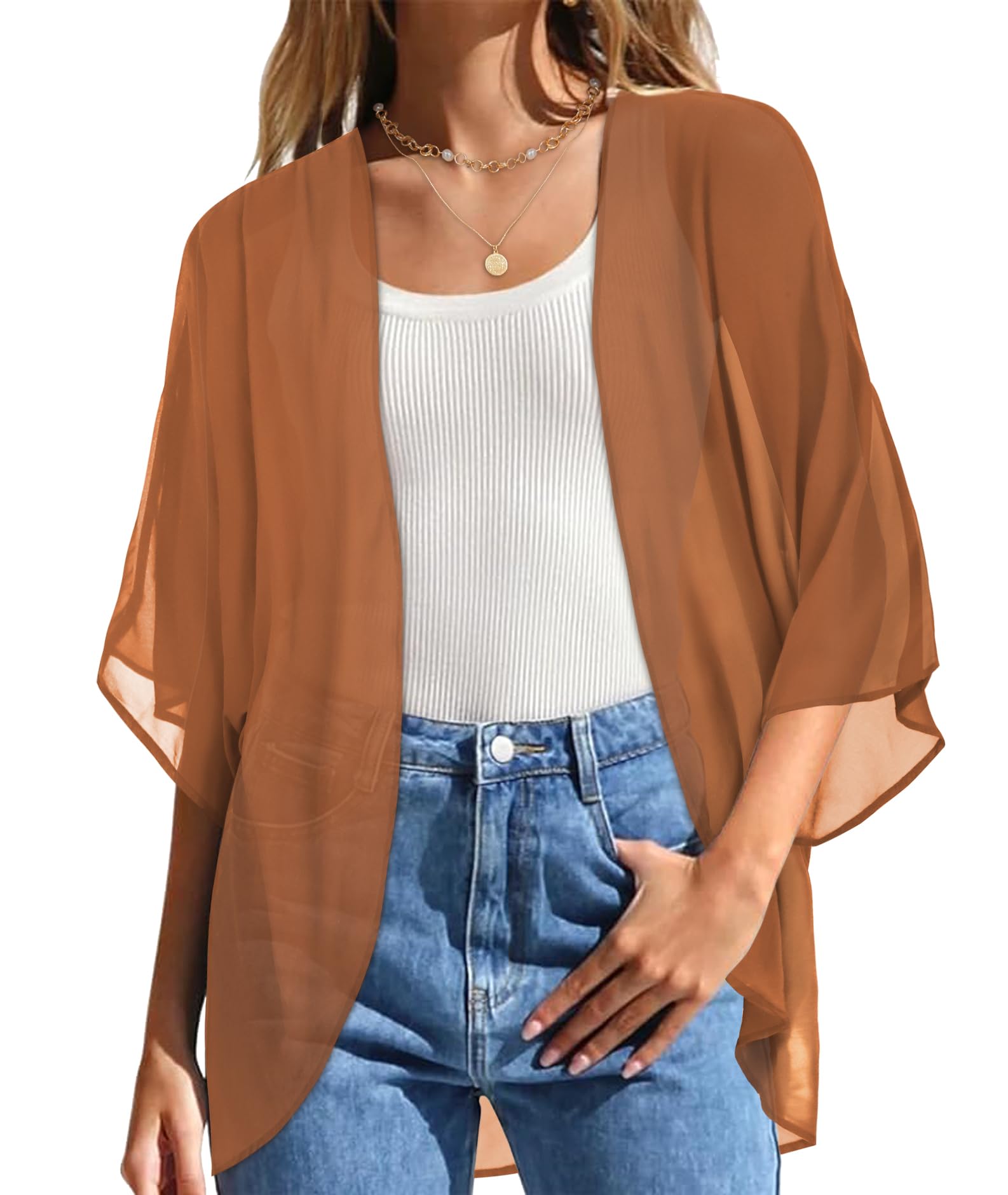 Damskie kimono, plażowe, szyfon, kardigan, kwiaty, topy, luźne peleryny, 1 karmel, XL