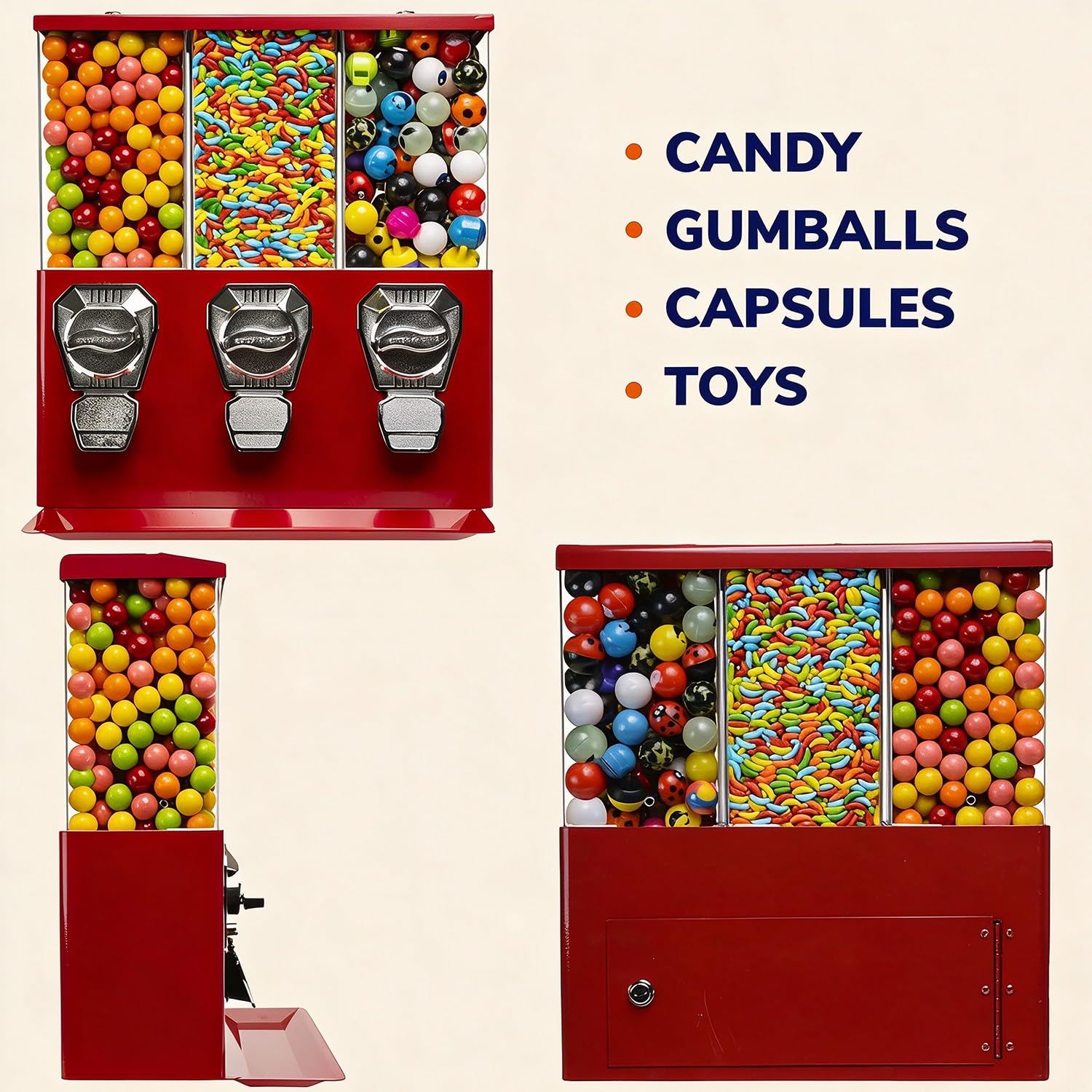 Münzbetriebener Spender für Bonbons und Kapseln Spielhallen & Läden Yellow | Robuste Metall-Automat Mit 3 Fächern,Diebstahlschutz, Münzen Bis 30 Mm,Kaugummi, Bonbons,Kapselspielzeug,Läden & Spielhallen