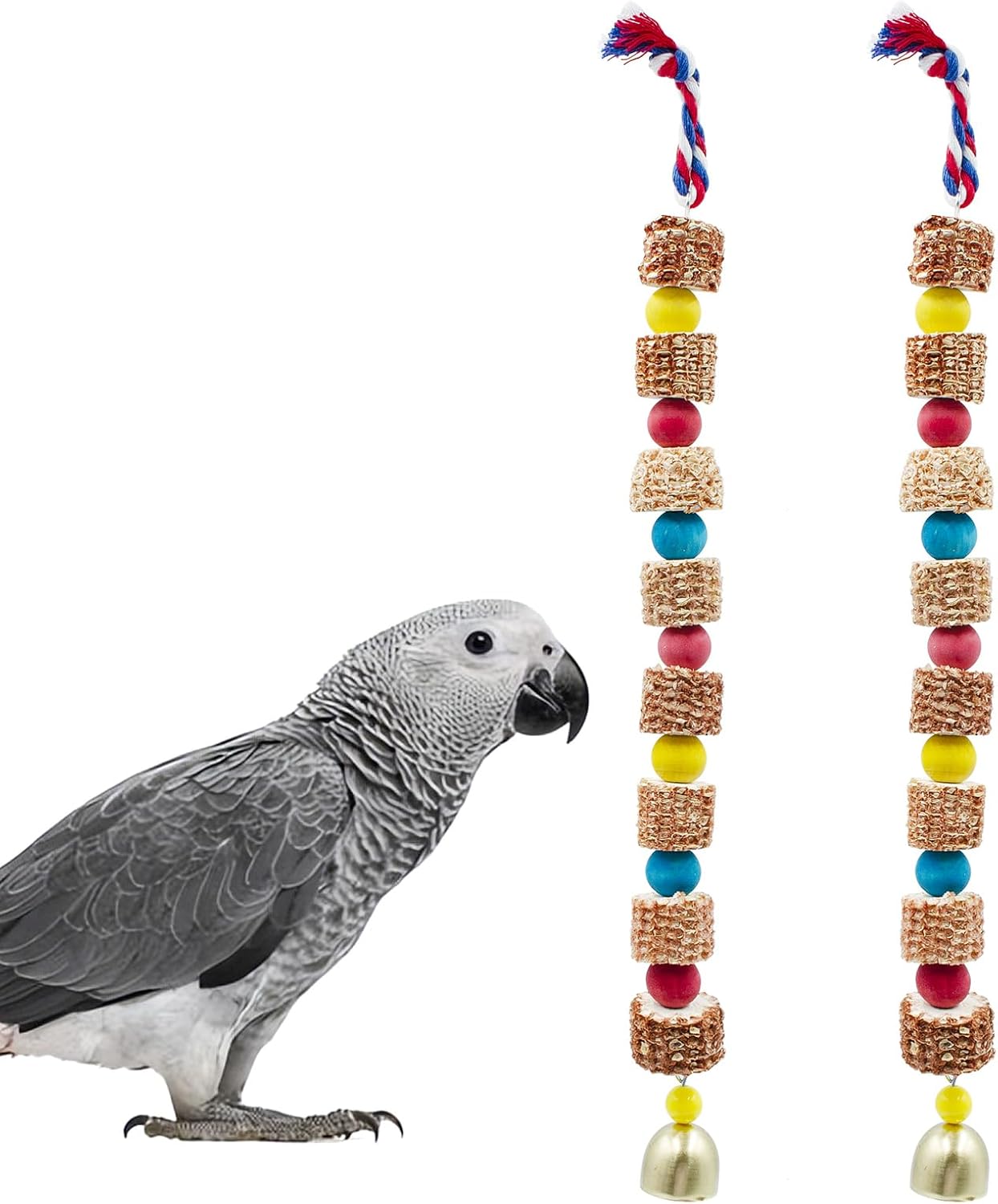 2 Pack Chew Toys for Birds, Parrot Toys with Colorful Beads Natural Corn Cob and Metal Bell, Bird Toys, Cage Accessories for Budgies, Cockatiels, Lovebirds, Green Cheeks, Small to Medium Birds