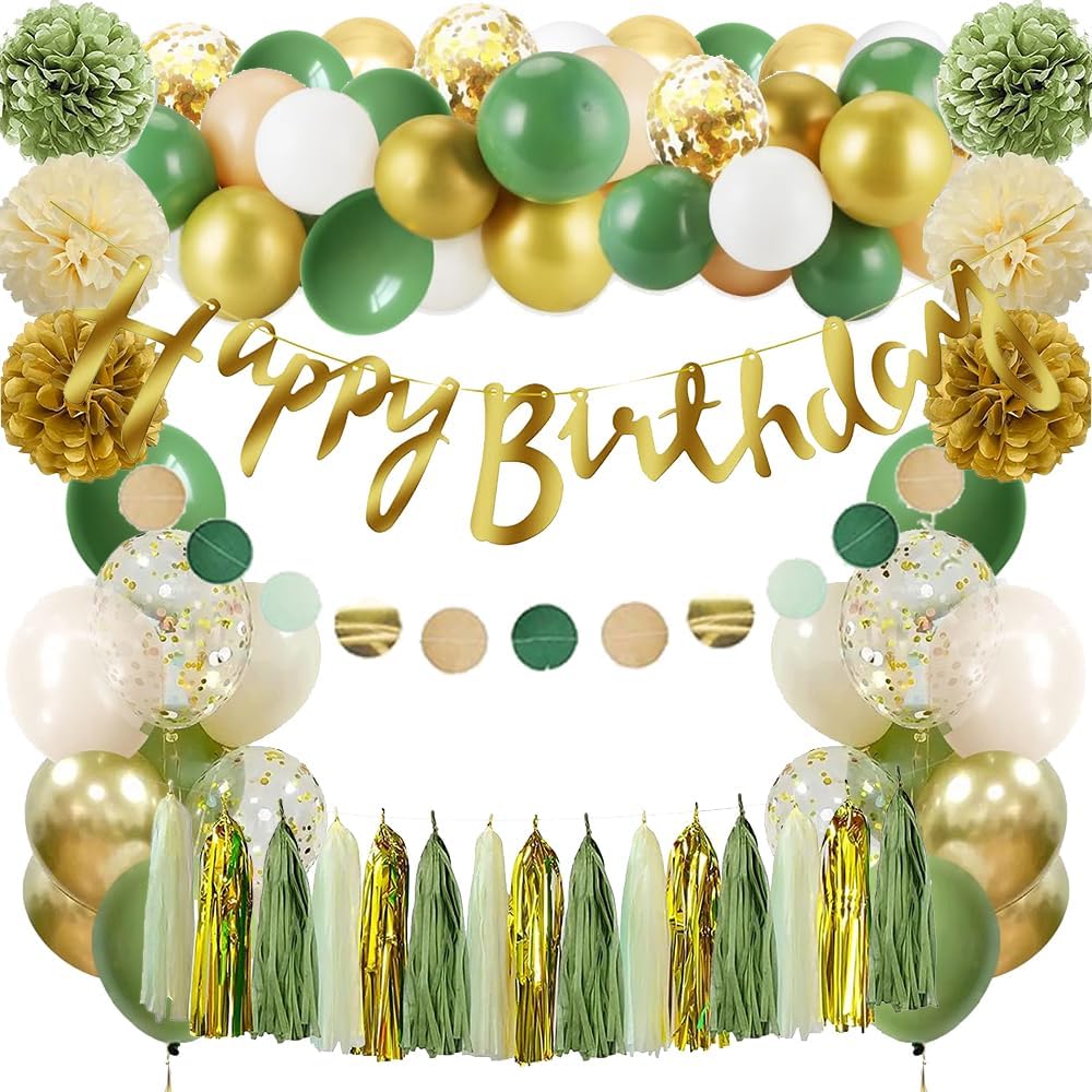 Sage Green Birthday Party Decorations Kit - Banner, Fringe Curtain, Garland, Pompoms, Tassels & Balloons For Girls, Women