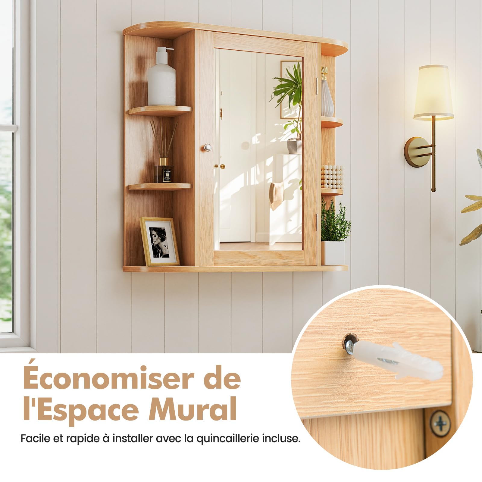 COSTWAY Armoire Murale de Salle de Bains avec Miroir avec Etagères Réglables et Compartiments Ouverts Armoire à Pharmacie pour Toilette (Naturel) (Naturel)