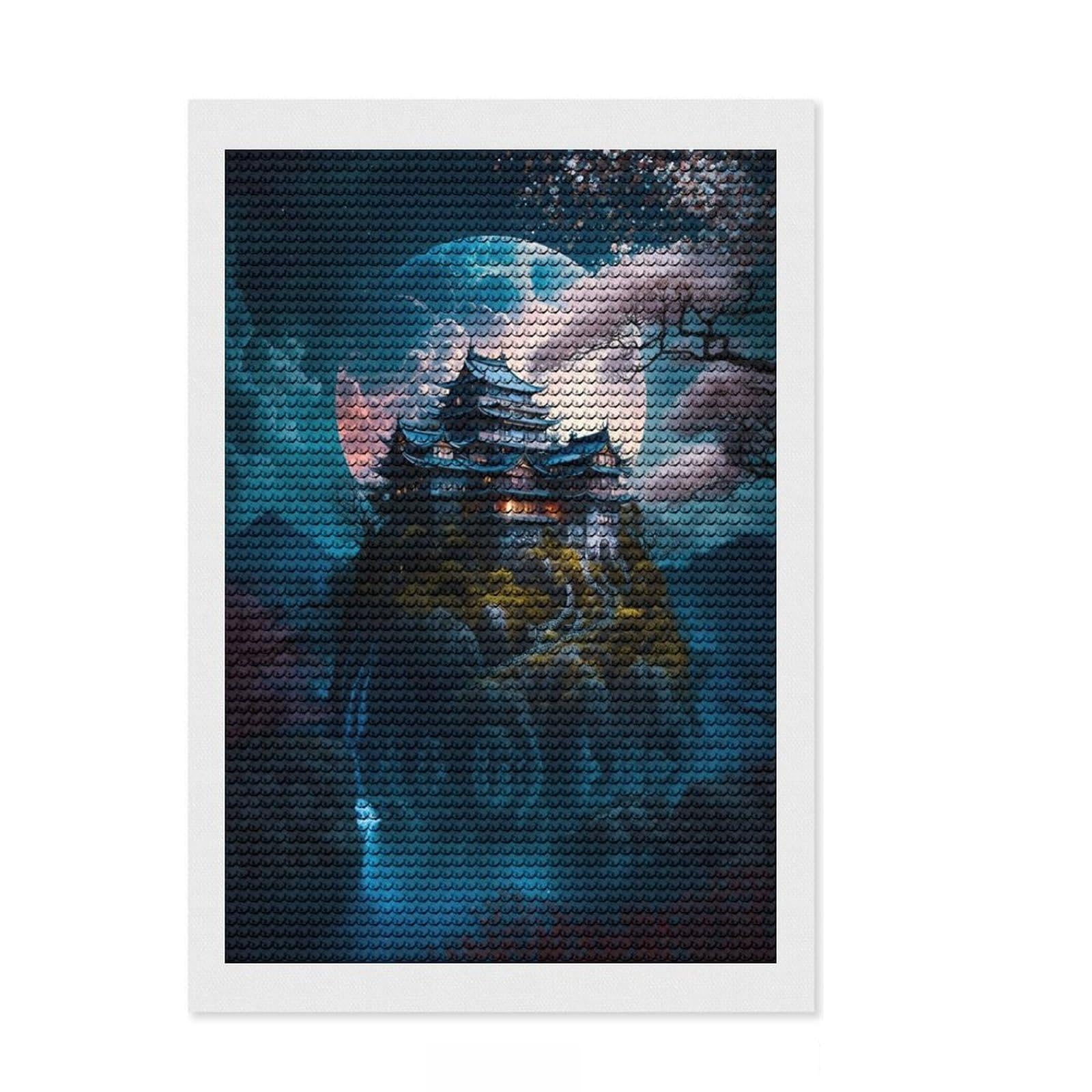 Junmoney Full Moon Japanese Temple DIY Diamond Art Canvas Kit 8"x12", Easy to Follow Symbols, Finish and Display, Creative Leisure Activity