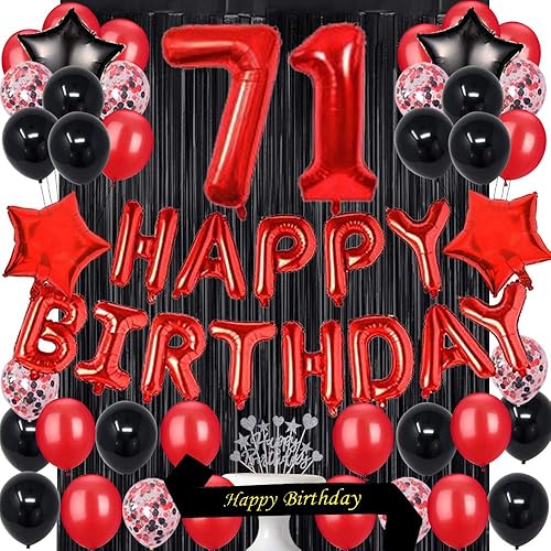 Suministros de decoración de fiesta de cumpleaños número 71, globos rojos y negros, decoración de pastel de feliz cumpleaños, papel de aluminio,