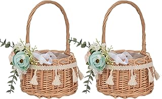 Wnvivi 2Pcs Flower Girl Baskets,Handwoven Flower Arrangement Basket with Handle,Wedding Flower Girl Baskets,Wicker Rattan Flower Baskets for Home Garden Decor-Green