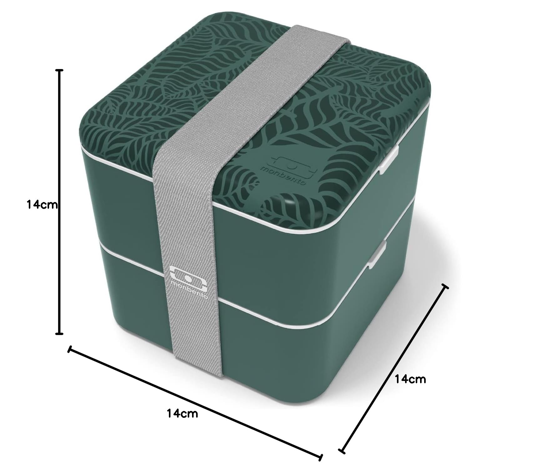MONBENTO - Grande Bento Box MB Square Jungle con Scomparti Made in France - 2 Livelli Ermetici - Porta Pranzo Ideale per Ufficio/Scuola/Meal Prep - Senza BPA - Motivo Foglie - Verde