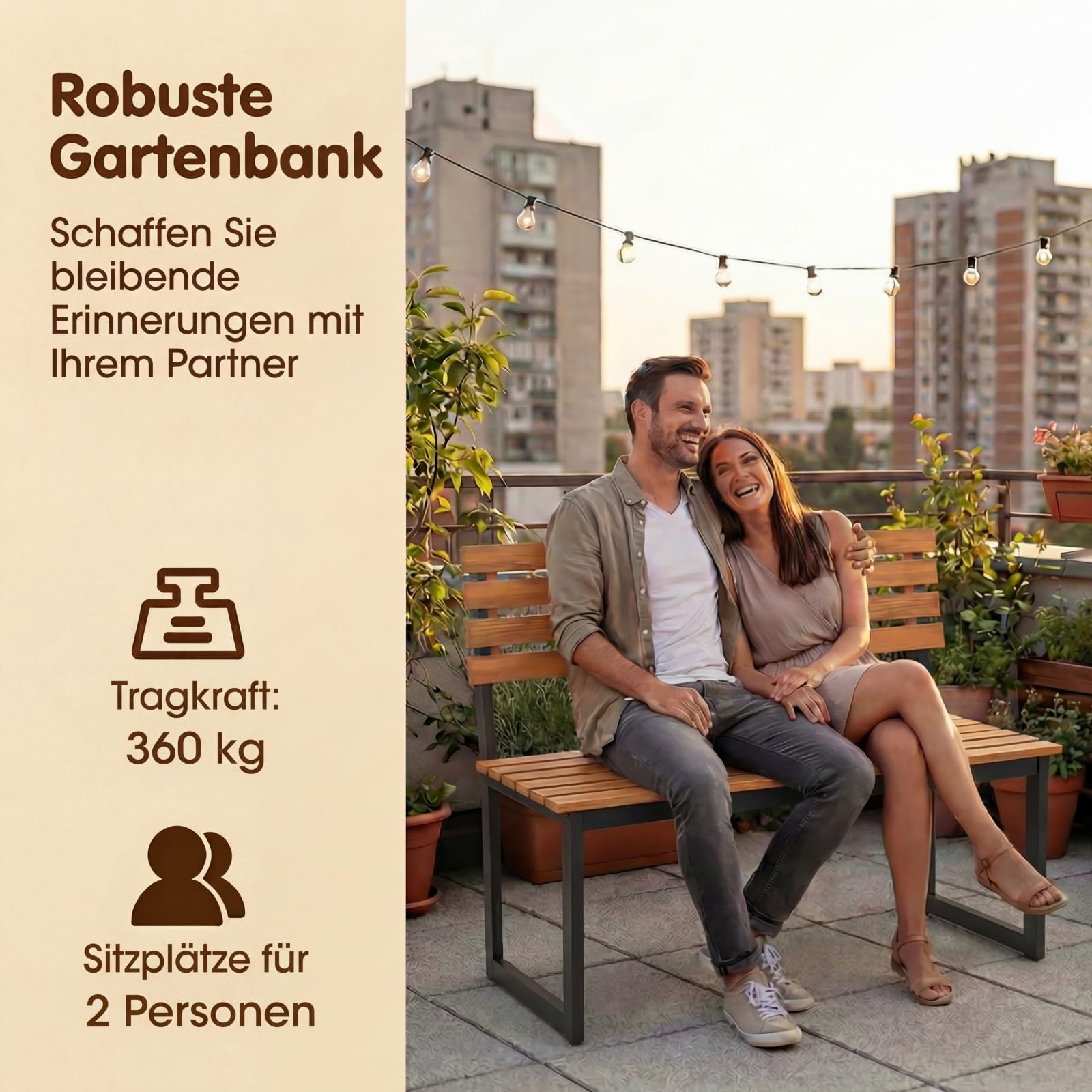 DREAMADE Gartenbank Holz, 2-Sitzer Holzbank wetterfest, Sitzbank Outdoor aus Akazienholz mit Metallrahmen, Balkonbank bis 360 kg belastbar, Parkbank für Garten, Balkon, Terrasse (Ohne Lehne)
