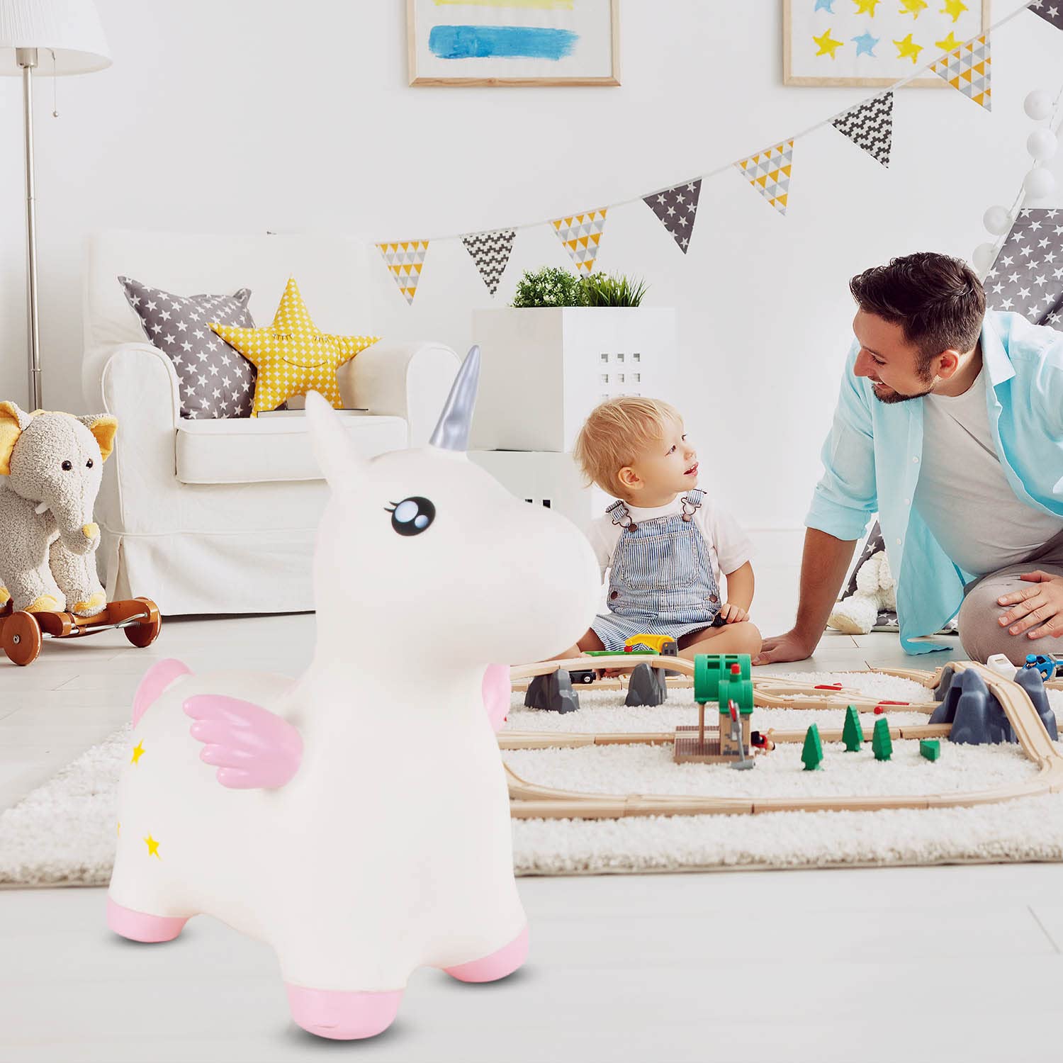 SUN BABY Saltador Hinchable para Niños hasta 45 Kg sin BPA, de 1 año, Pelotas saltarinas para niños (Unicornio Blanco con alas)