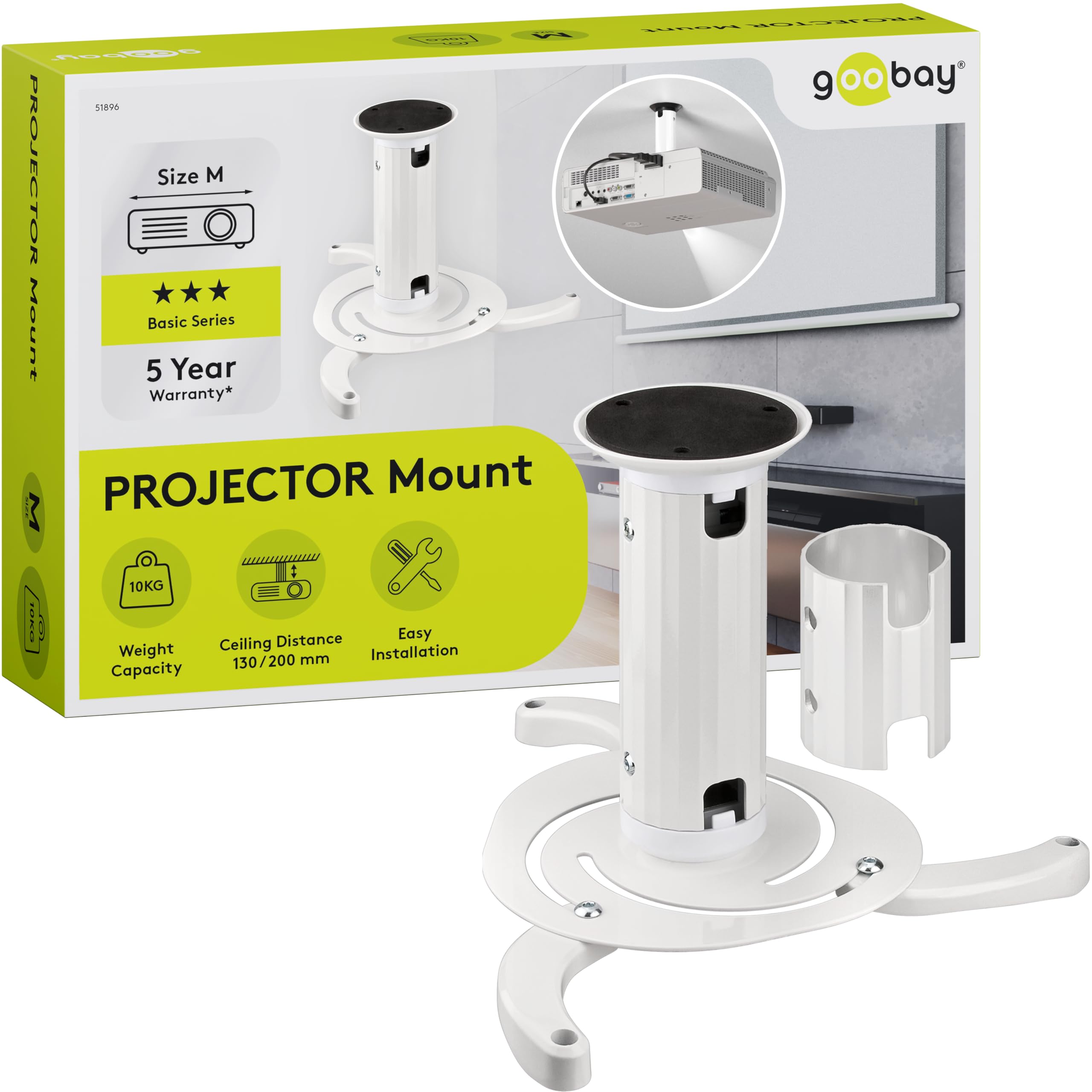 goobay Support Vidéoprojecteur Plafond Universel Jusqu'à 10 kg Entraxe 130-320 mm Inclinable 360° Rotatif Blanc - 51896
