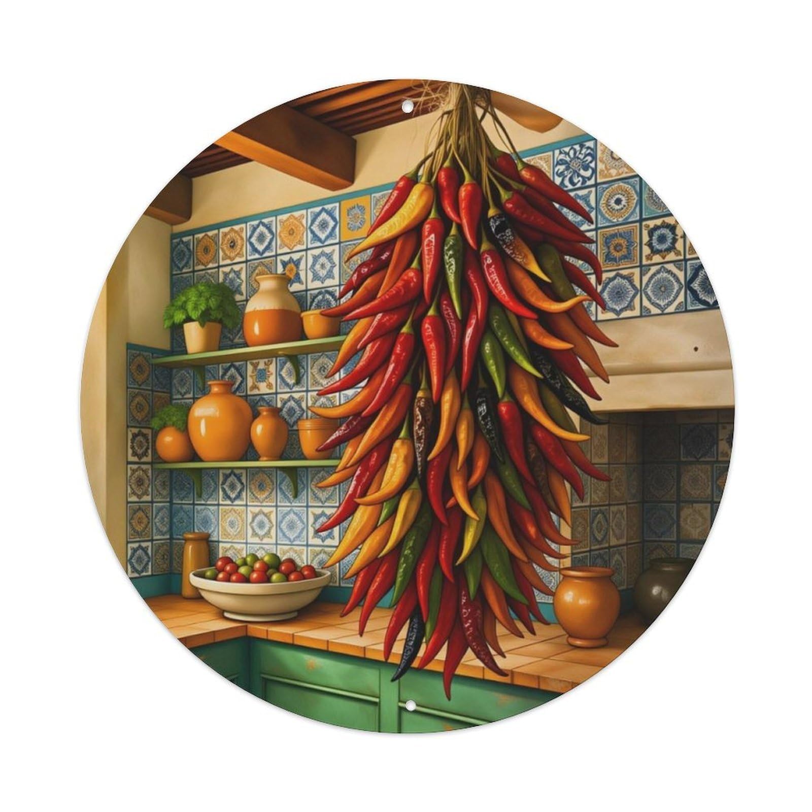 Spanish Country Kitchen Chili Peppers Round Metal Sign Vintage Aluminium Metal Sign, Retro Wall Decor for Home, Bar, Garage & Farmhouse 20x20cm