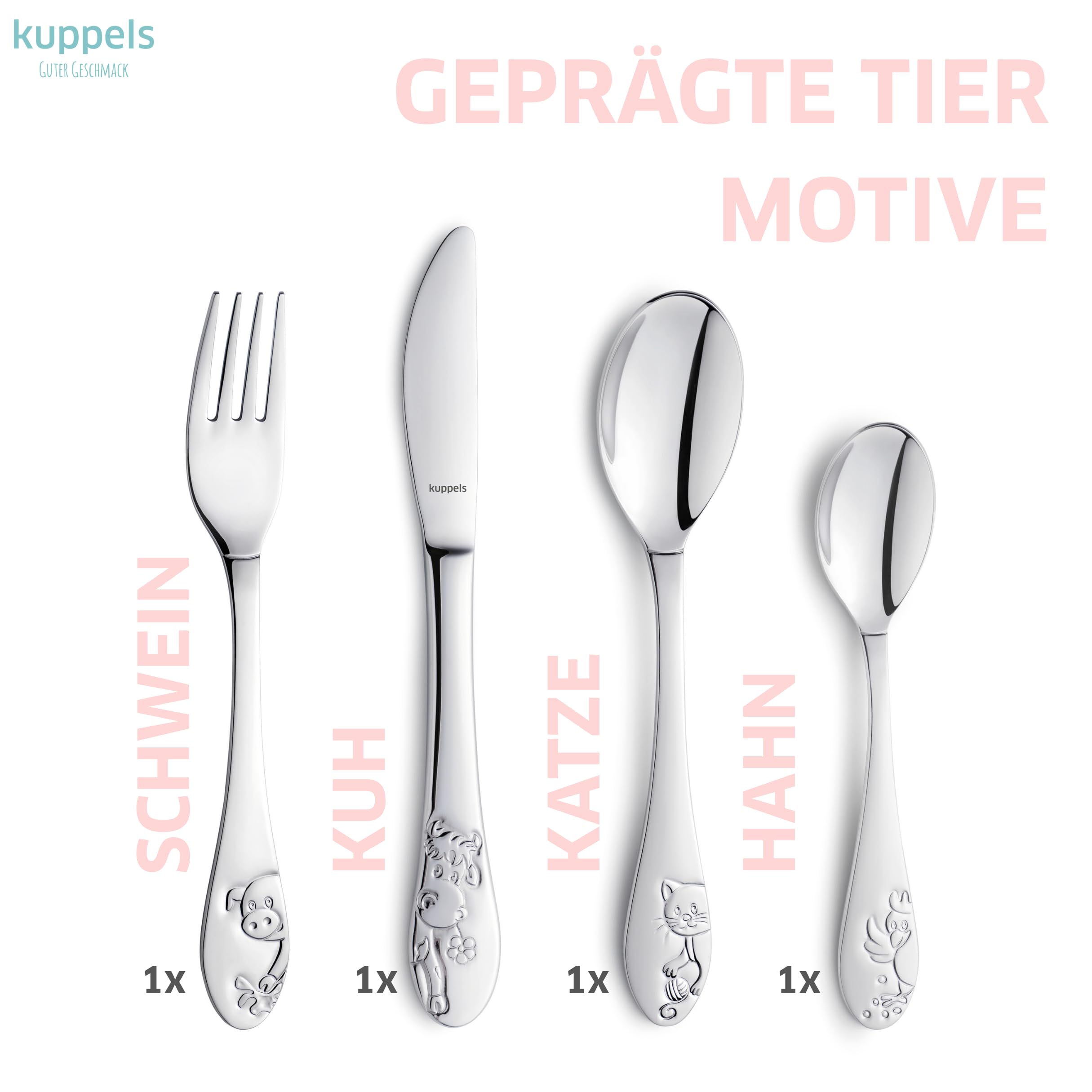Kuppels Kinderbesteck 4-tlg, Bauernhoftier-Prägung, Edelstahl, ab 4 Jahre | Ergonomische Griffe, spülmaschinenfest, lebensmittelecht und rostfrei, inklusive hochwertiger Geschenkverpackung