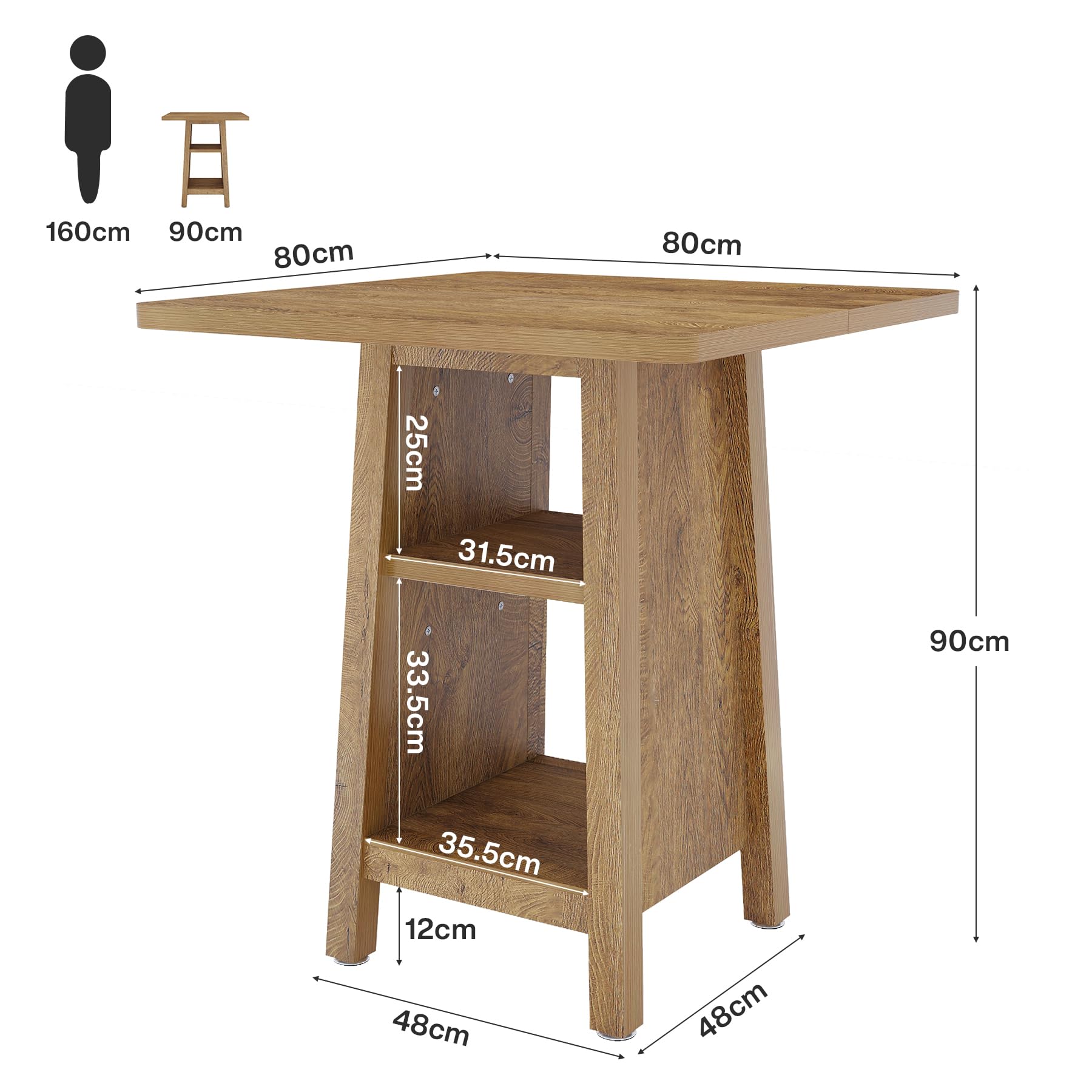 Tribesigns Bartisch quadratisch mit 3 Ablagen, 90cm hoher Stehtisch mit Regal, moderner Bistrotisch für Küche & Esszimmer, kleiner Küchentisch für 2-4 Personen, platzsparender Pub-Tisch, Vintage Braun