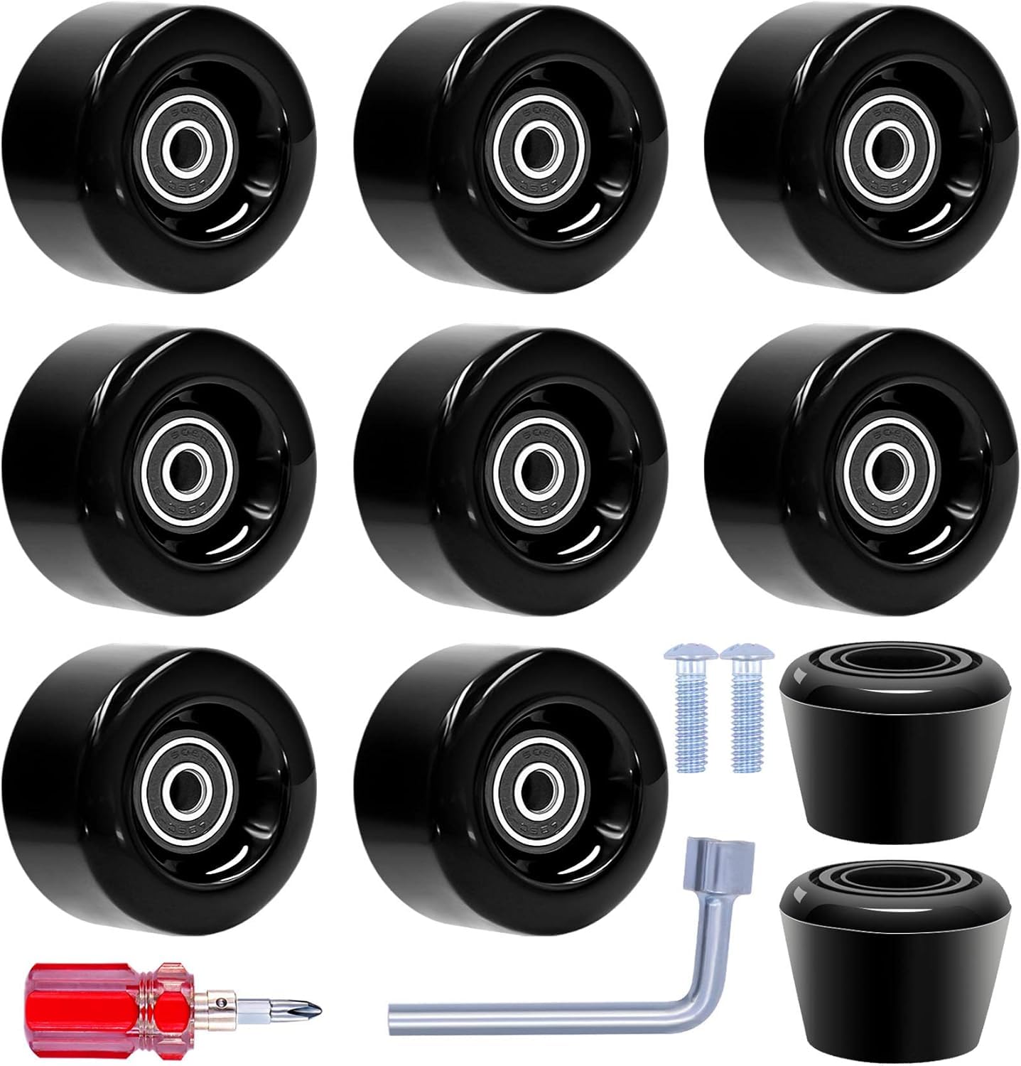 8 Pack Roller Skate Wheels with Bearings Installed and 2 Toe Stoppers for Double Row Skating, Quad Skates and Skateboard Outdoor or Indoor Use, 32mm x 58mm 82A (Black)