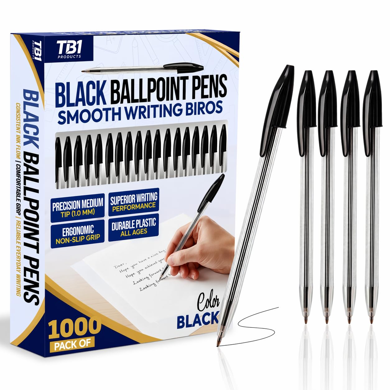 TB1 1000 Black Biro Ballpoint Pens – Medium Tip Smooth Writing Pens with Quick-Drying Black Ink – Bulk Office, School & Home Stationery – Durable, Affordable & Comfortable Everyday Use Pens