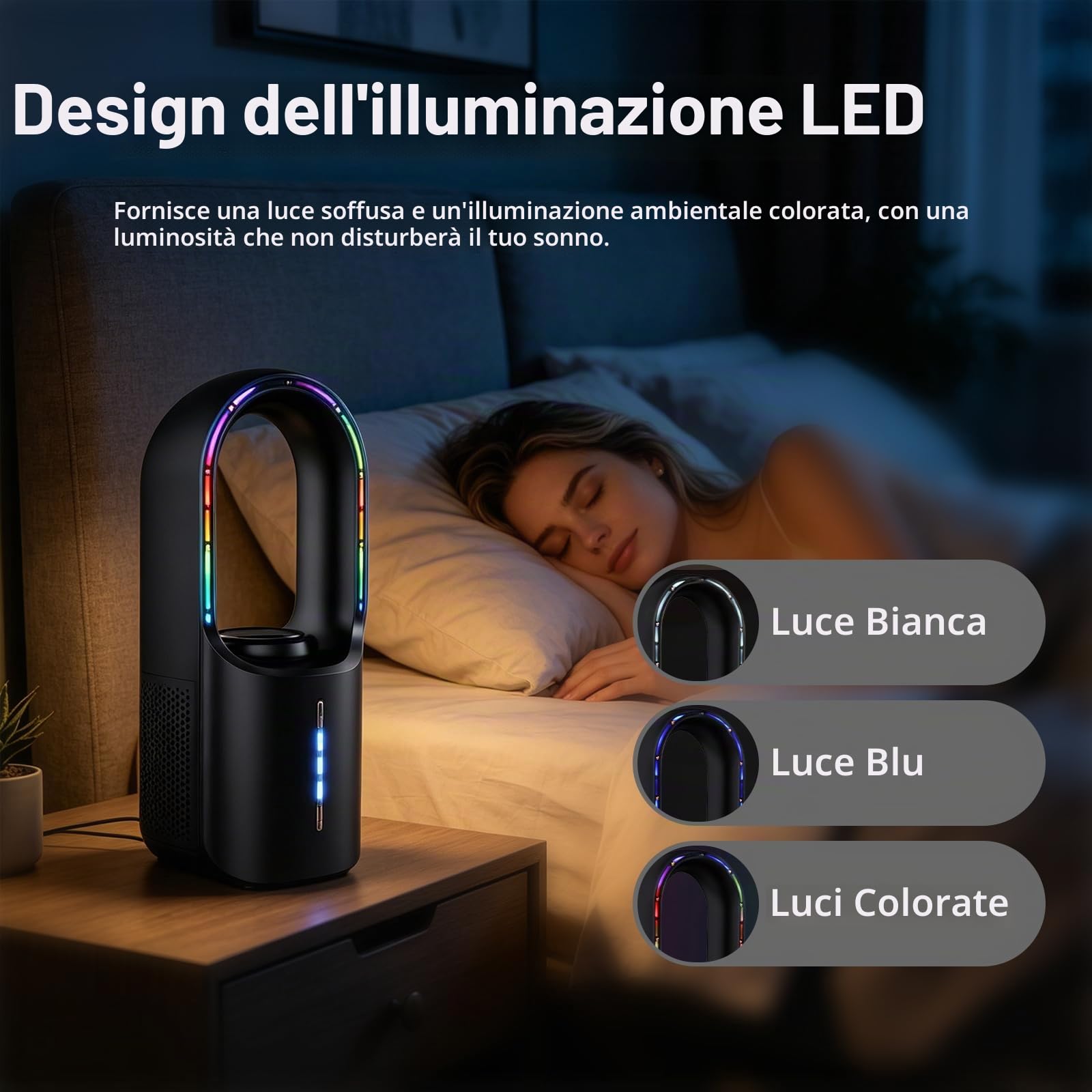 Ventilatore a torre silenzioso con purificatore d'aria, 3 velocità, tattile, adatto come diffusore di aromi, ventilatore senza pale per casa, ufficio