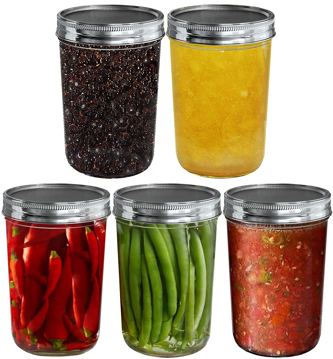 Ash & Roh Glass Mason Jars Full Mouth - Glass Jars With Metal Airtight Lids Perfect Meal Prep, Food Storage, Canning, Drinking Jars, For Jelly, Jam, Dry Food, Spices, Herbs-500 Ml (5, Clear)