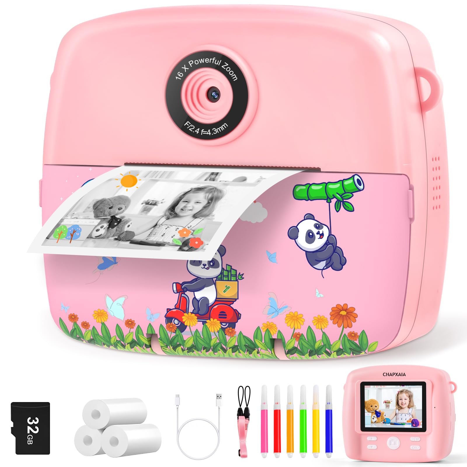 CNAPXAIA Macchina Fotografica Bambini Istantanea, 2,4" 1080P Fotocamera Digitale Bambini con 32 GB Scheda e 3 Rotoli di Carta da Stampa, Rosa