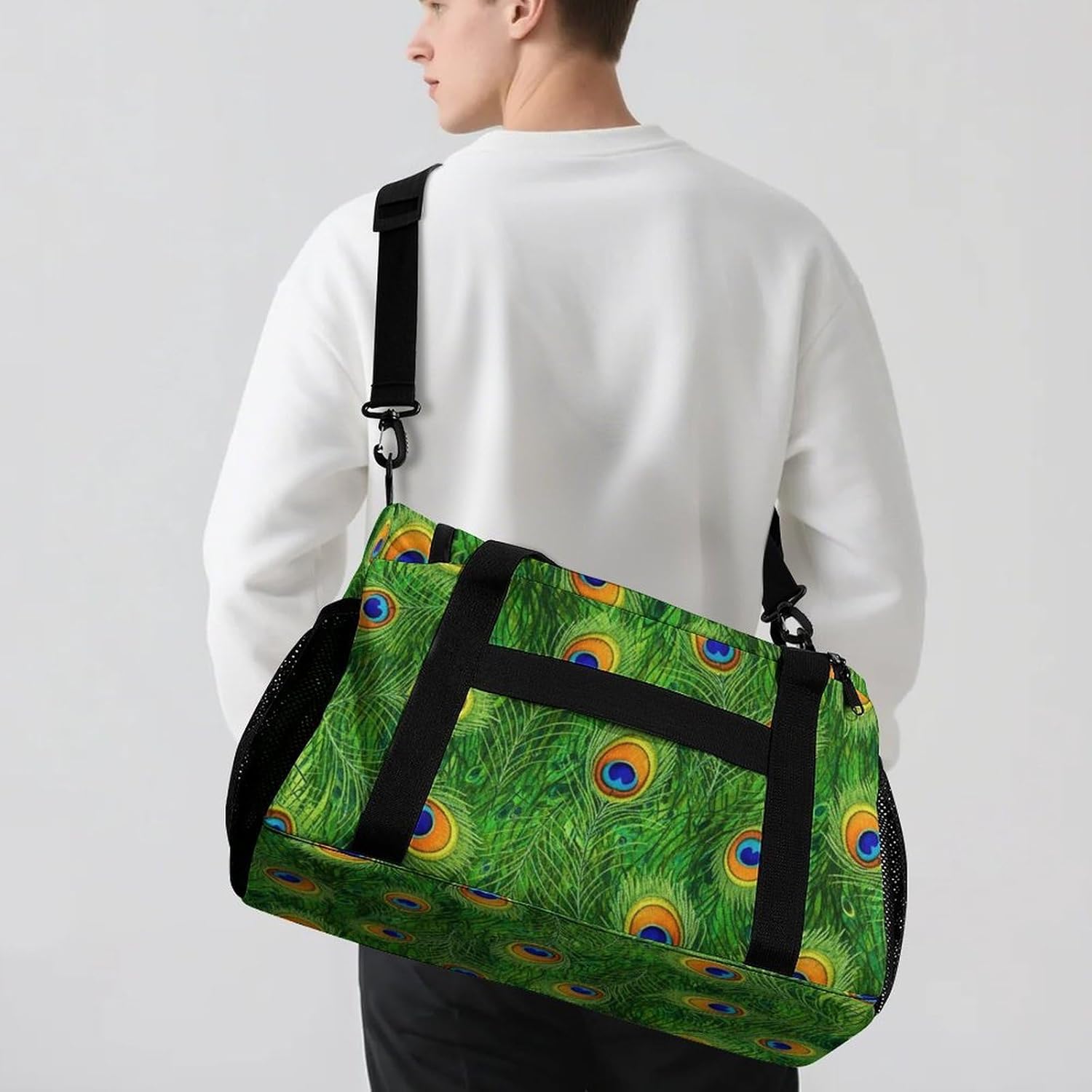Carry On Luggage Tote Bags Green Peacock Feathers Toiletry Weekend Overnight Bag Travel Sport Gym Bag for Men Women