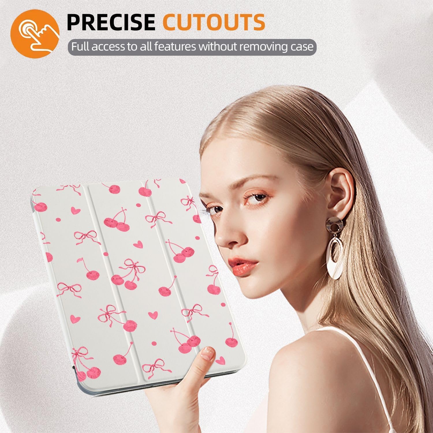Cute Pink Bow Cherry Case for 10.9 Inch Ipad 10Th Lovely Kawaii Printed Cover for Ipad Auto Sleep/Wake Anti-Slip Shockproof Leather Soft TPU Back Case with Pencil Holder(Girl Women)