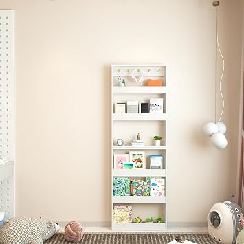 Wall-Mounted Floating Bookshelf 6-Tier Adjustable Shelf with Guards & Hooks, Stackable Modular Design Space-Saving Behind Door Bookshelf for Kids Rooms, Playroom, Nursery