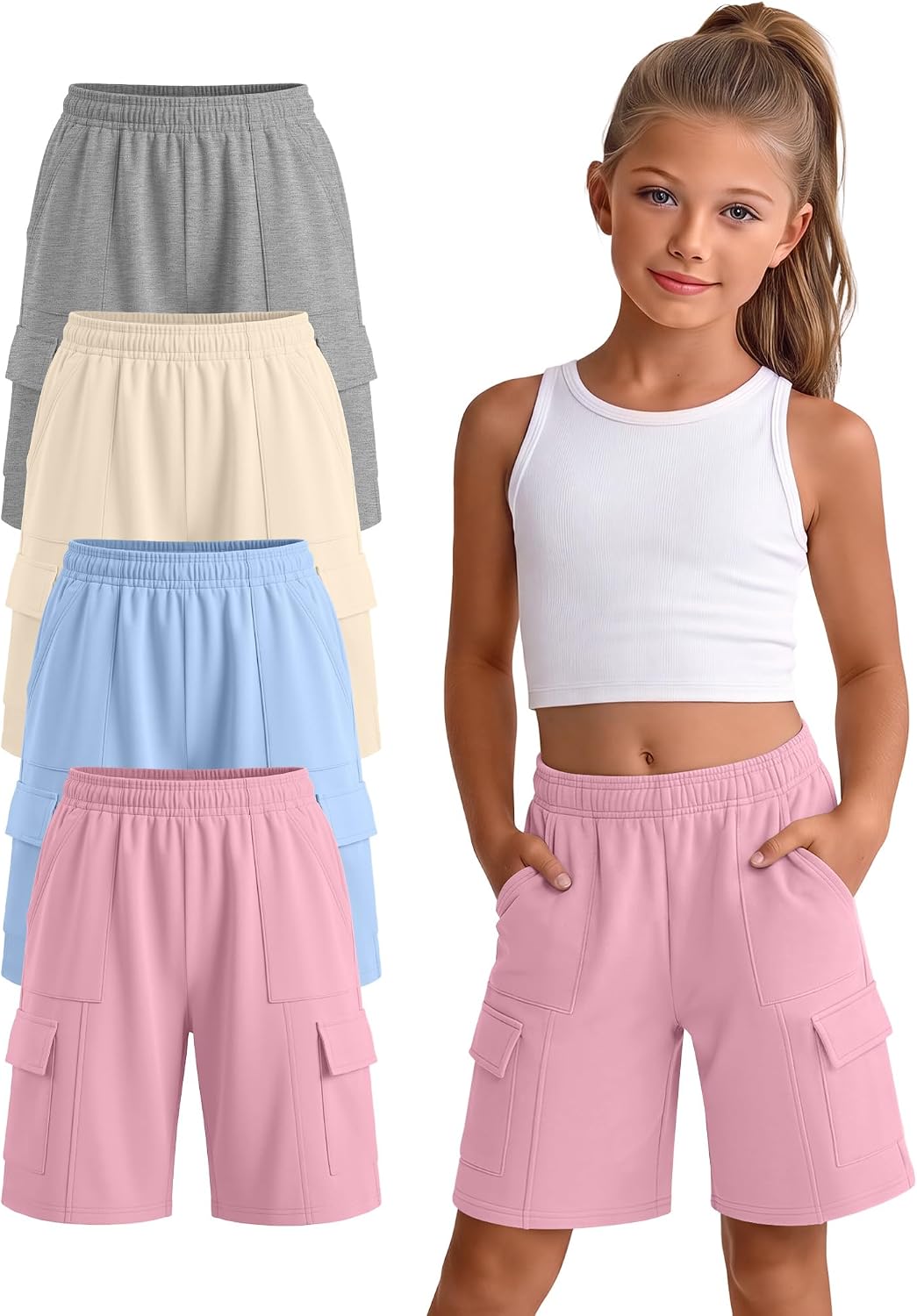 4 Pack Girls Bermuda Shorts Cargo Kids Knee Length Shorts Wide Leg Loose Casual Lightweight Soft Pants with Pockets