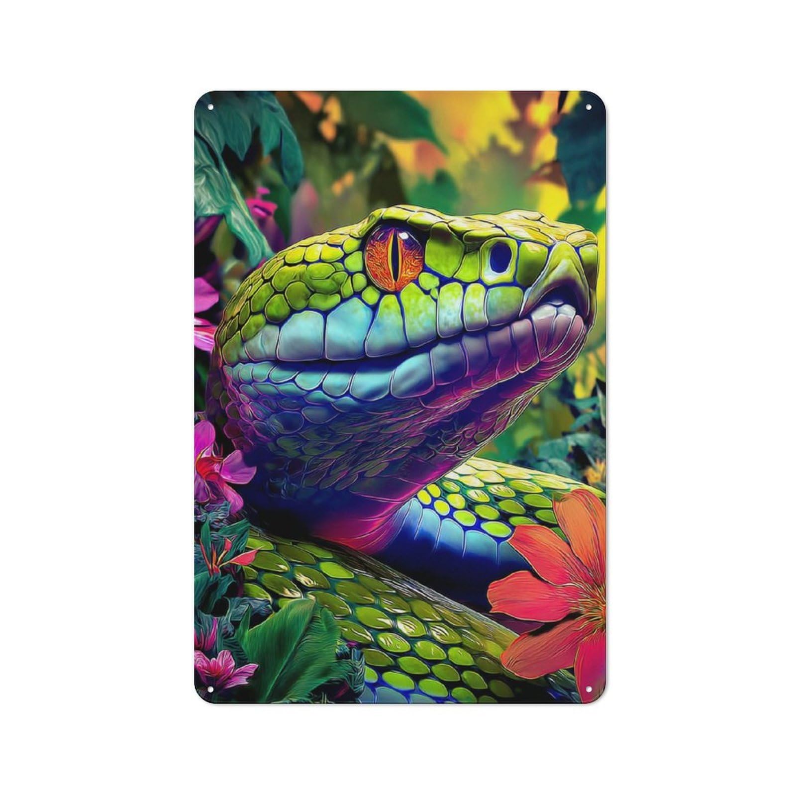 Junmoney Colorful Snake In Lush Garden Creative Metal Wall Decor 30X20cm, Metal Desk Wall Sign For Hobby Room, Office, Lounge Or Living Room
