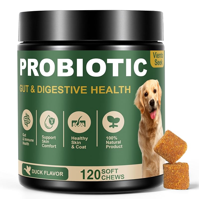 Probióticos para Cães VientoSeek com 7 Enzimas, 3 Prebióticos e Ômega 3, Sabor Pato, 120 Unidades Mastigáveis
